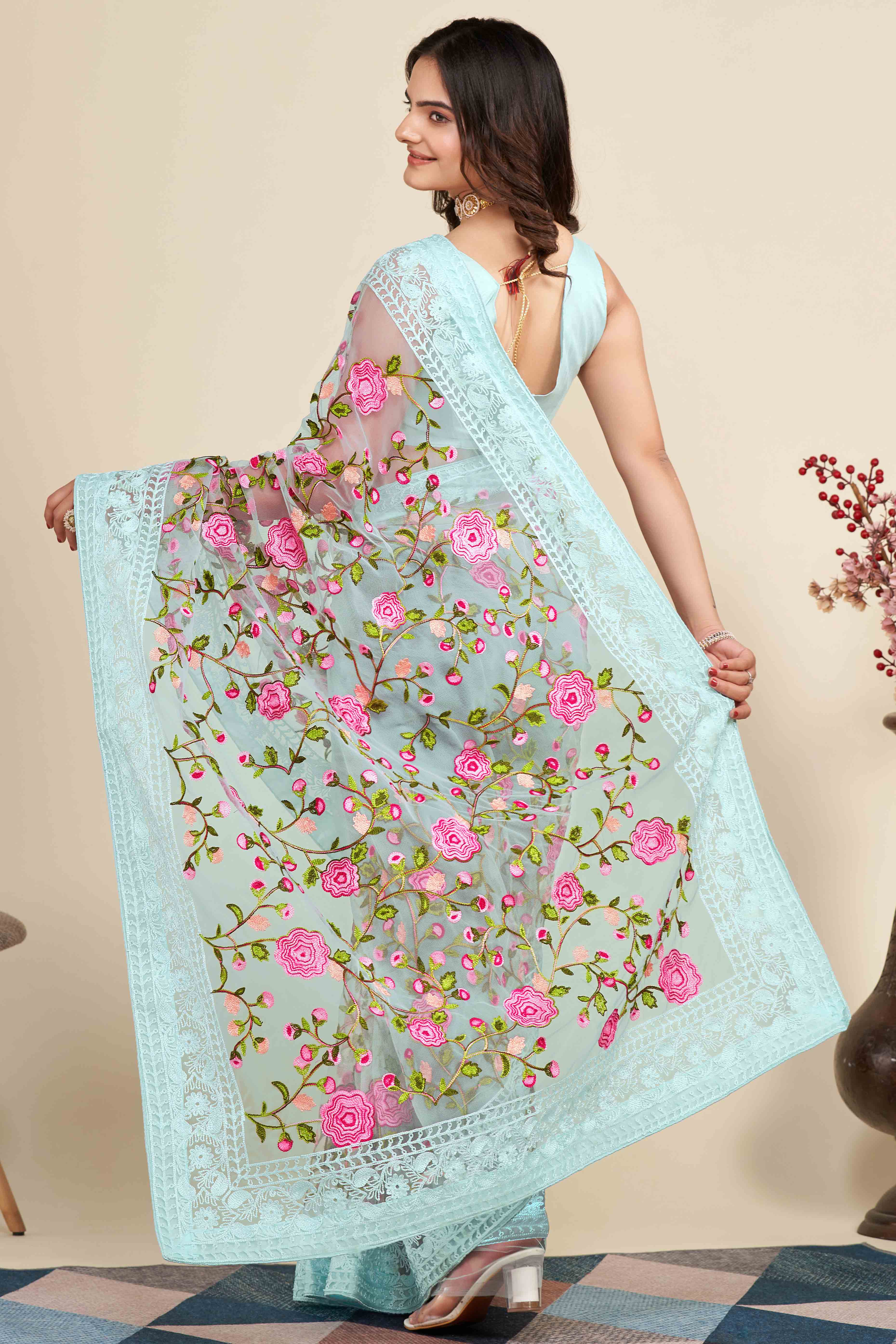 Sky Blue Floral Embroidered Party Wear Saree in Net Fabric with Lavish Detailing