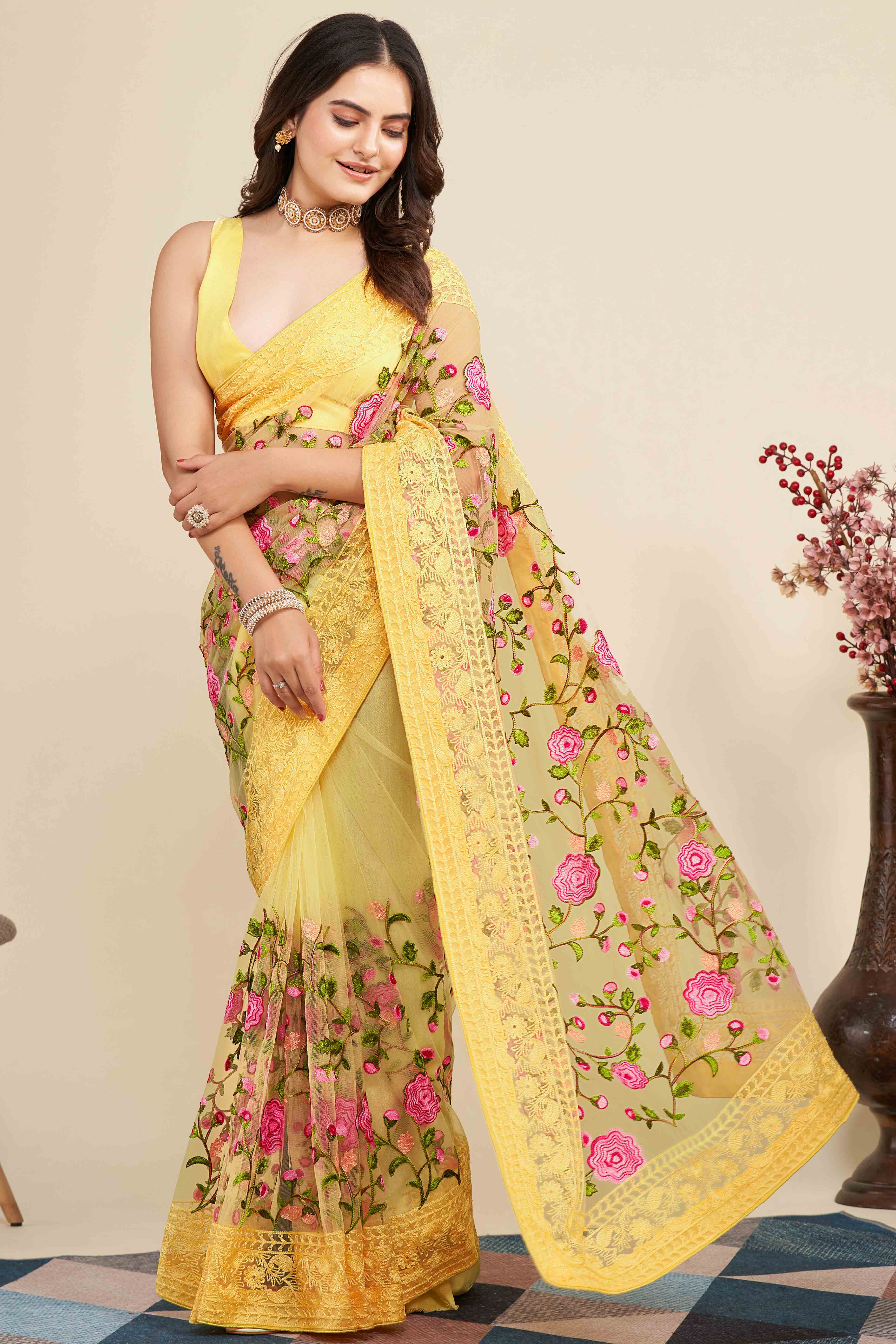 Yellow Floral Embroidered Party Wear Saree in Net Fabric with Lavish Detailing