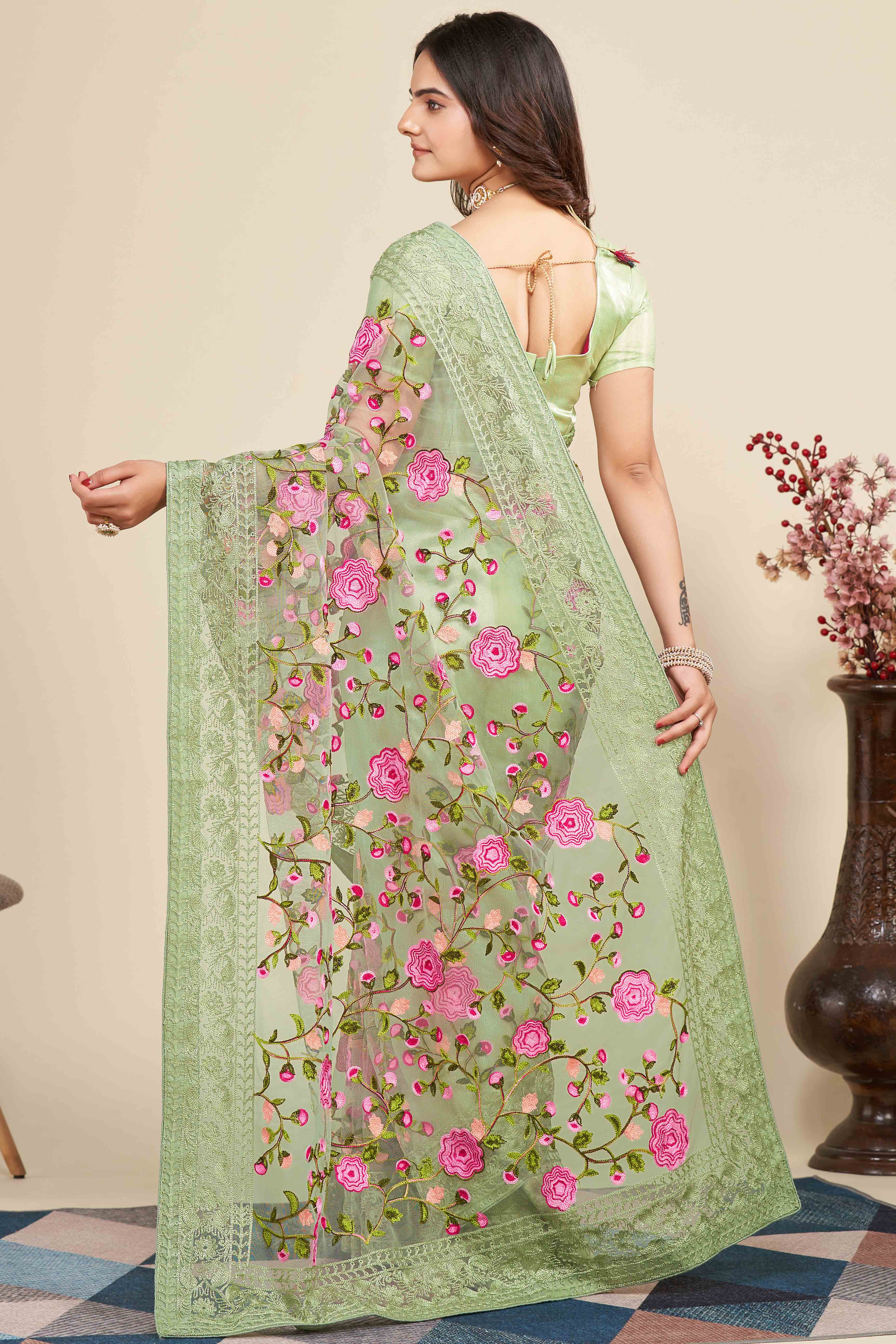 Pista Green Floral Embroidered Party Wear Saree in Net Fabric with Lavish Detailing