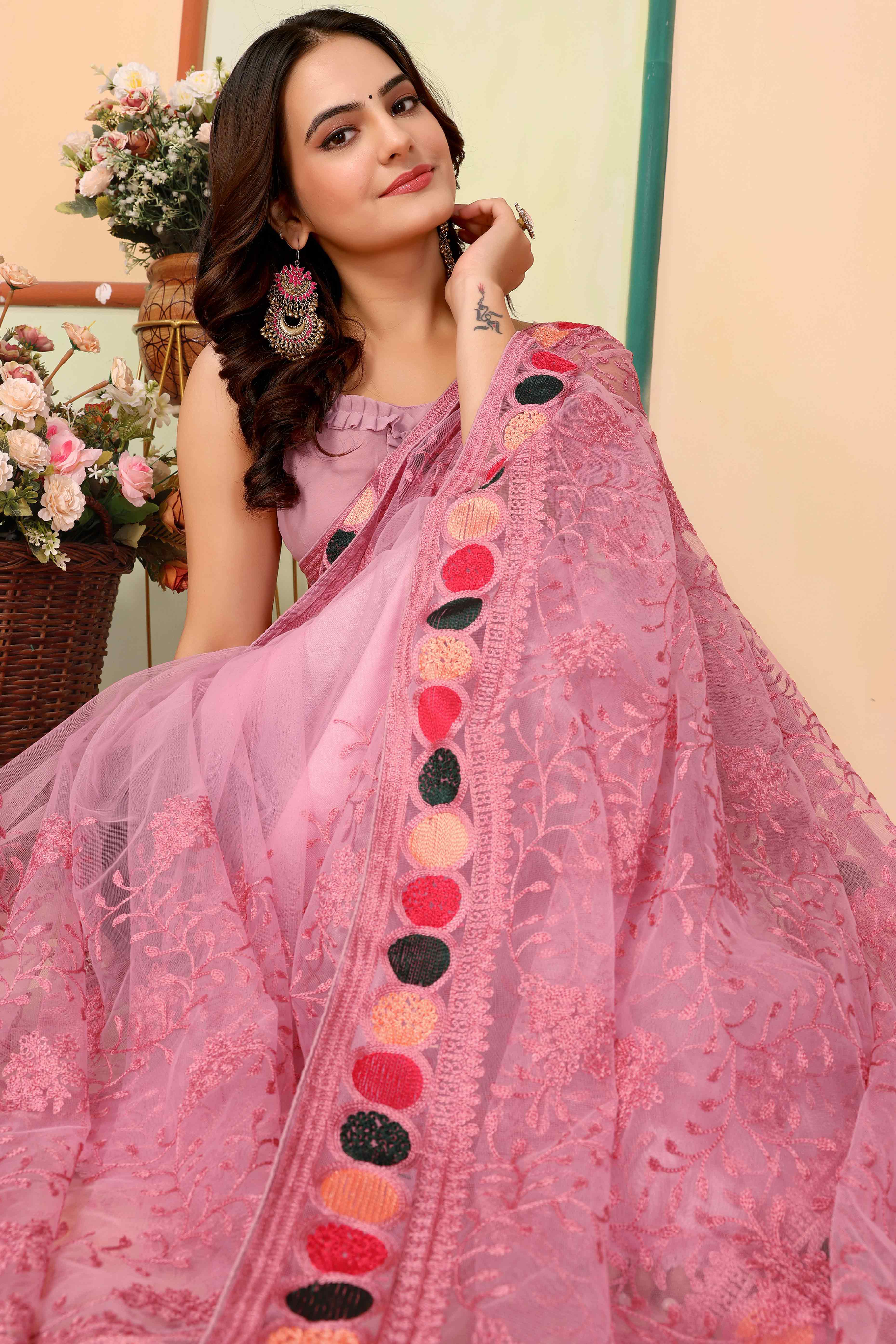 Pink Floral Embroidered Net Saree