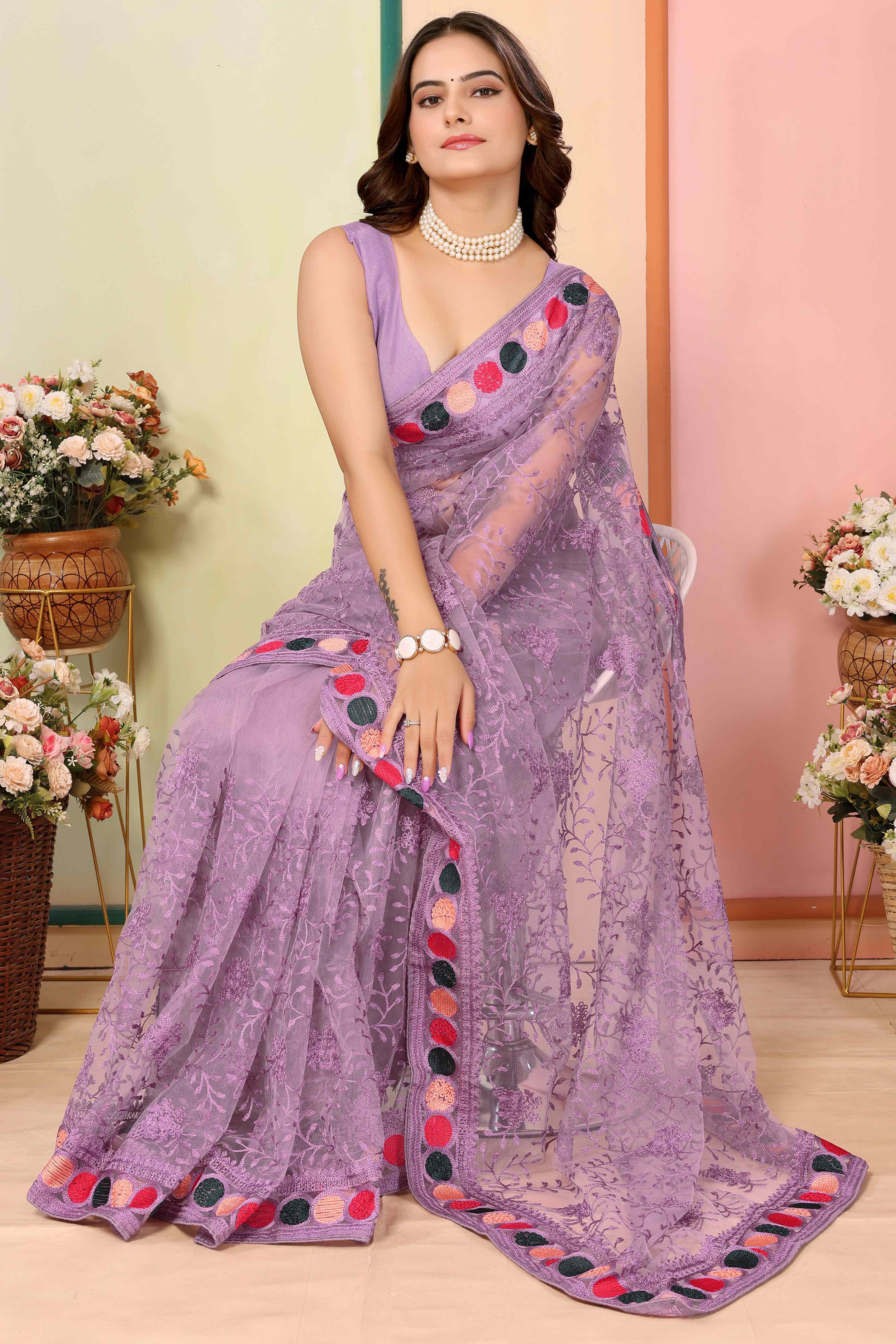 Purple Floral Embroidered Net Saree