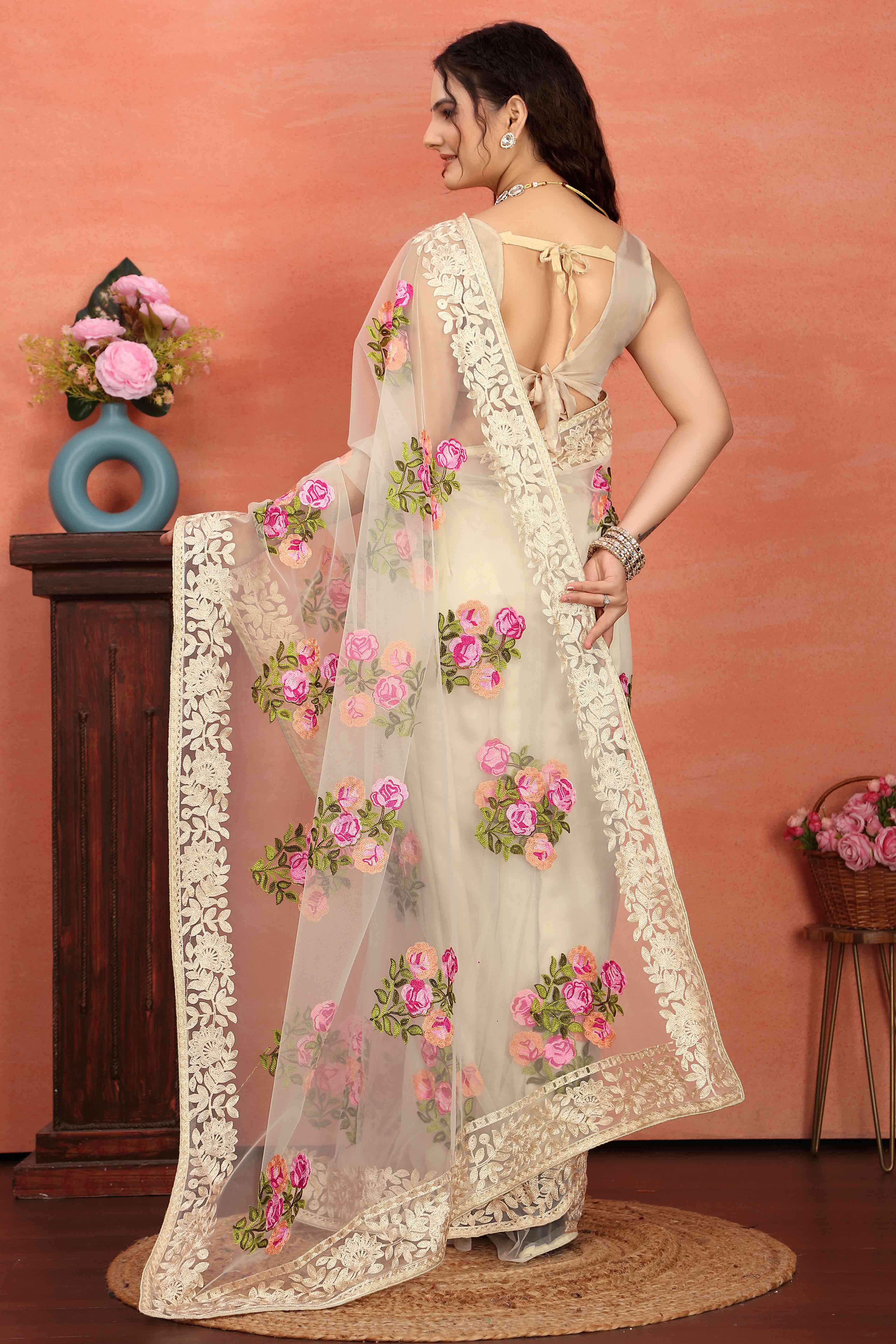 Cream Floral Embroidered Net Saree