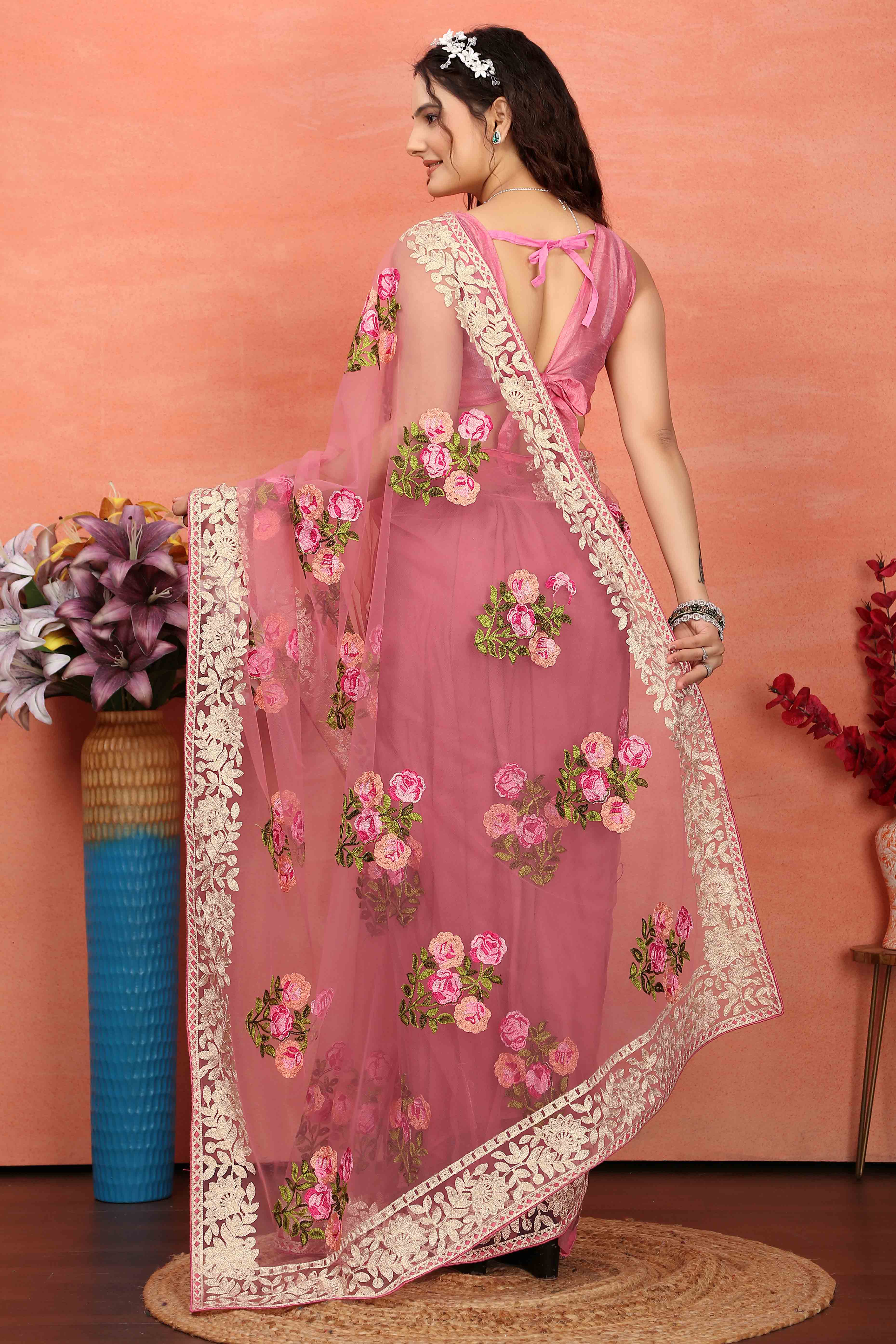 Onion Pink Floral Embroidered Net Saree