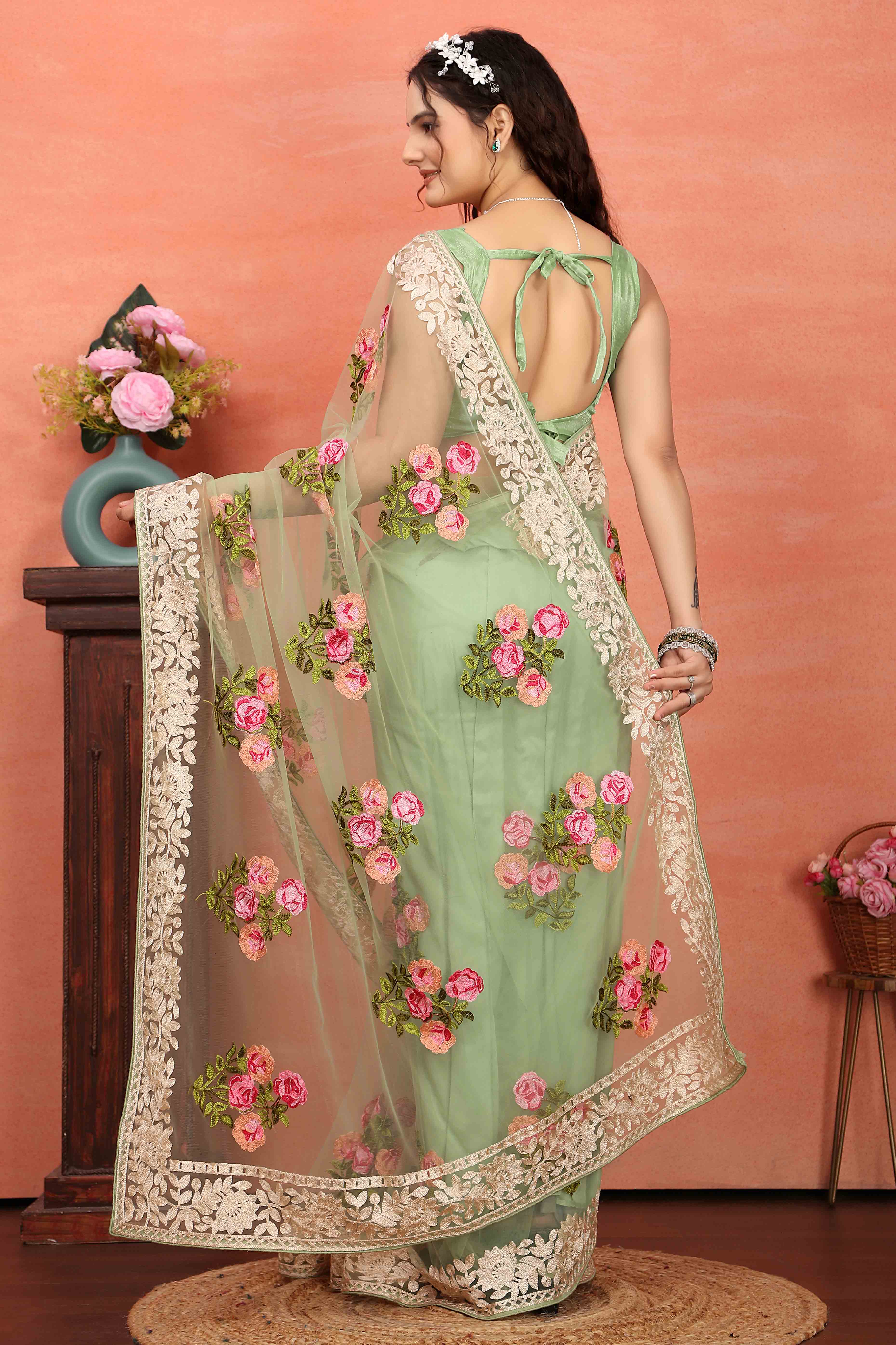 Green Floral Embroidered Net Saree