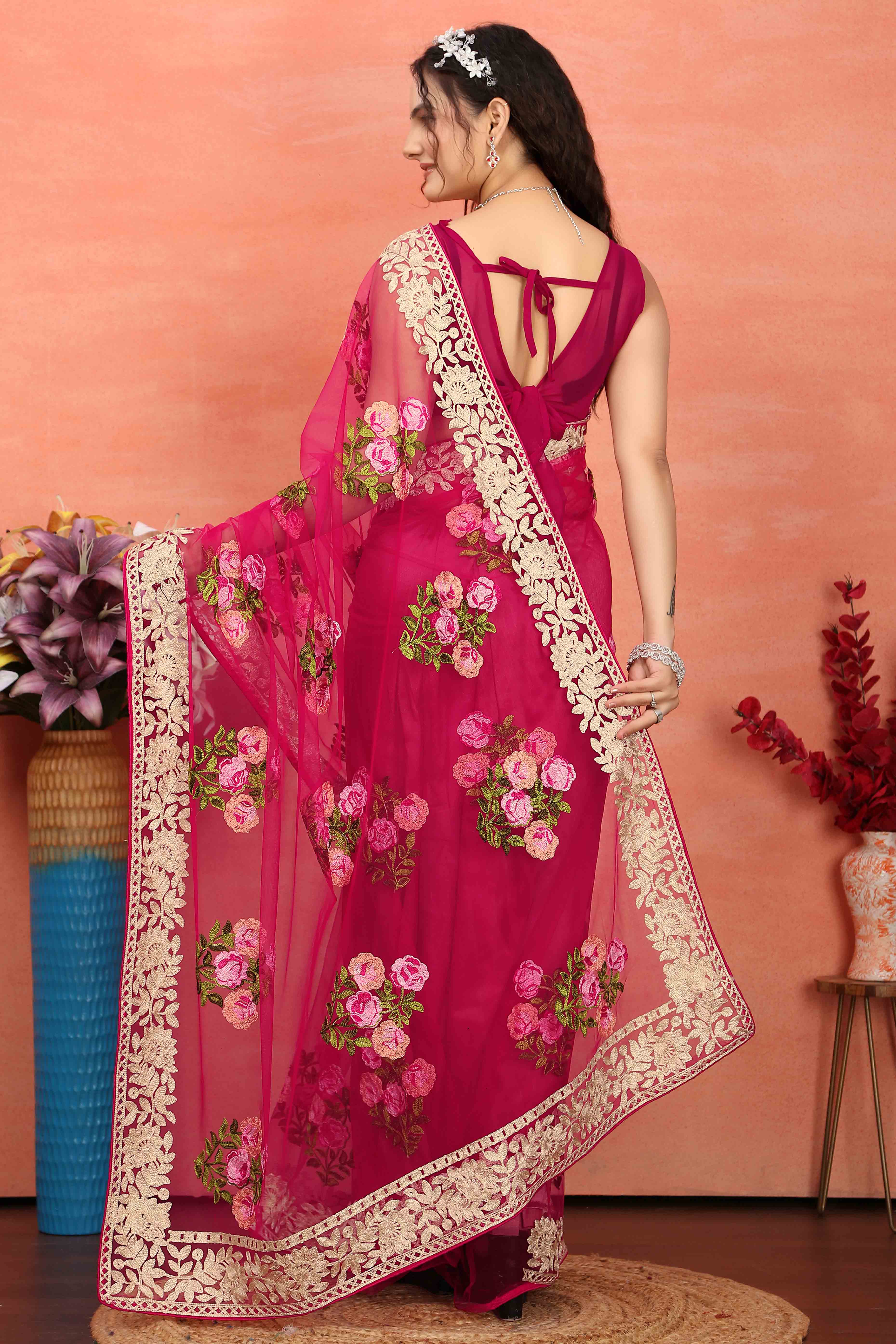 Rani Pink Floral Embroidered Net Saree