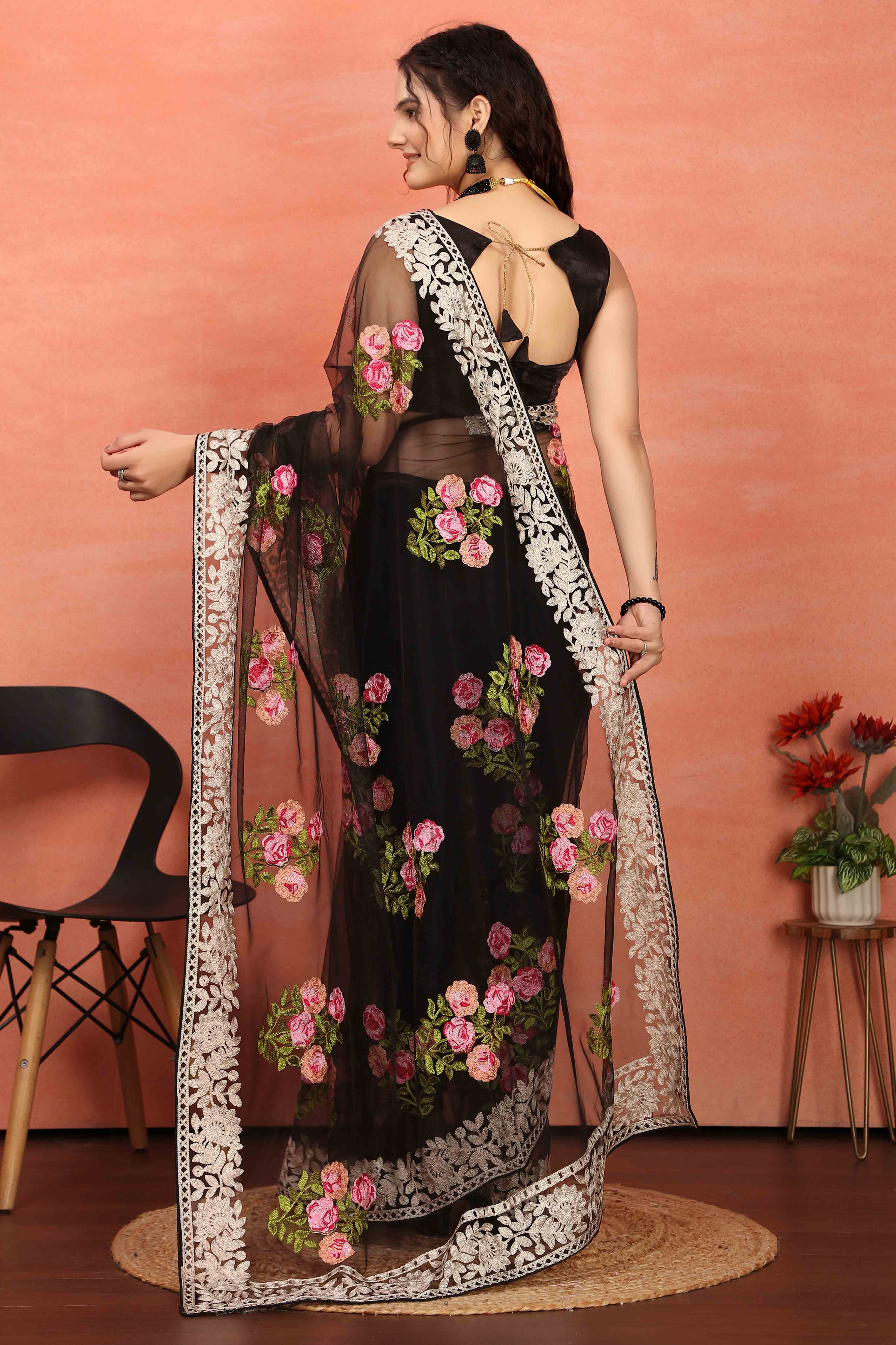 Black Floral Embroidered Net Saree