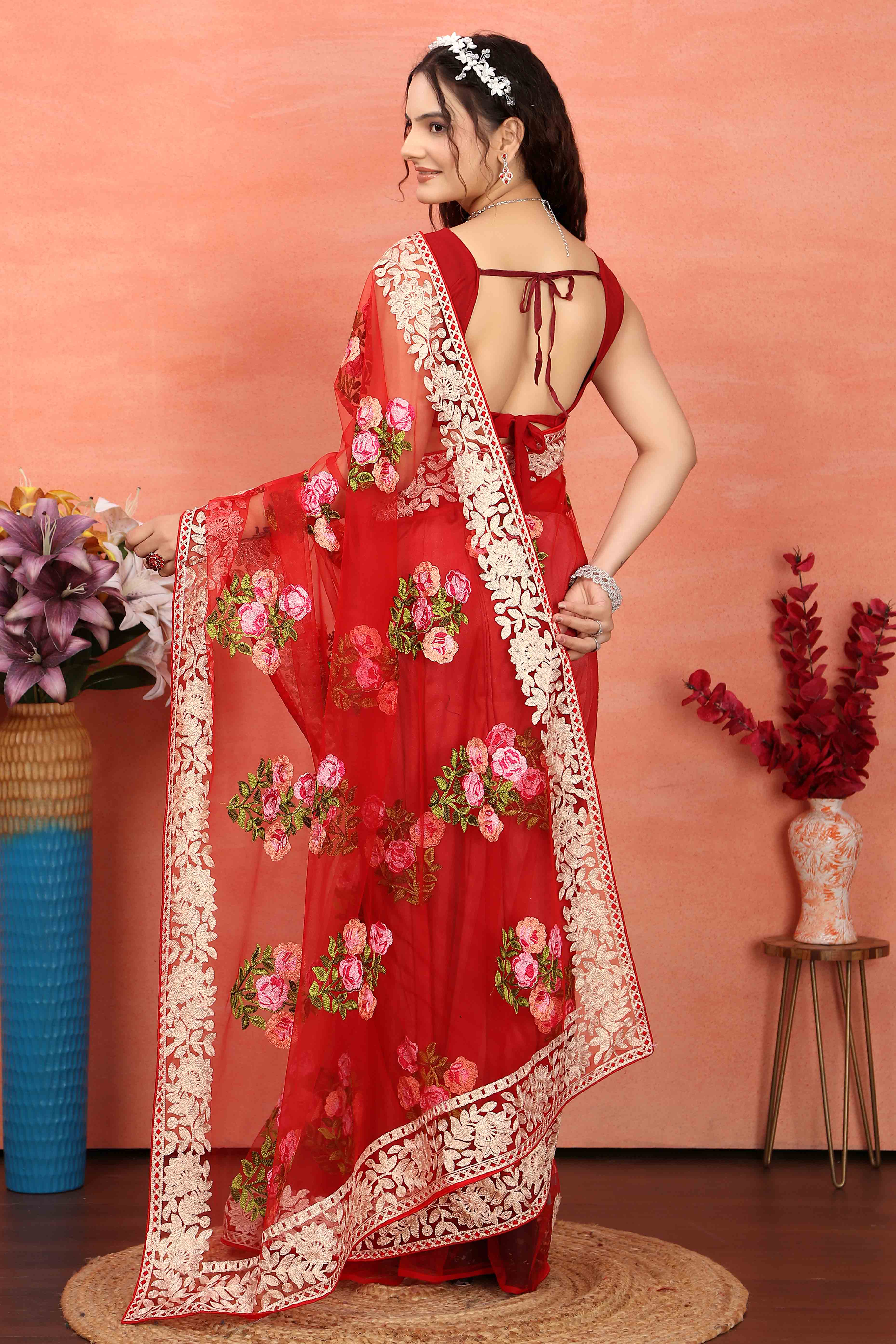 Red Floral Embroidered Net Saree