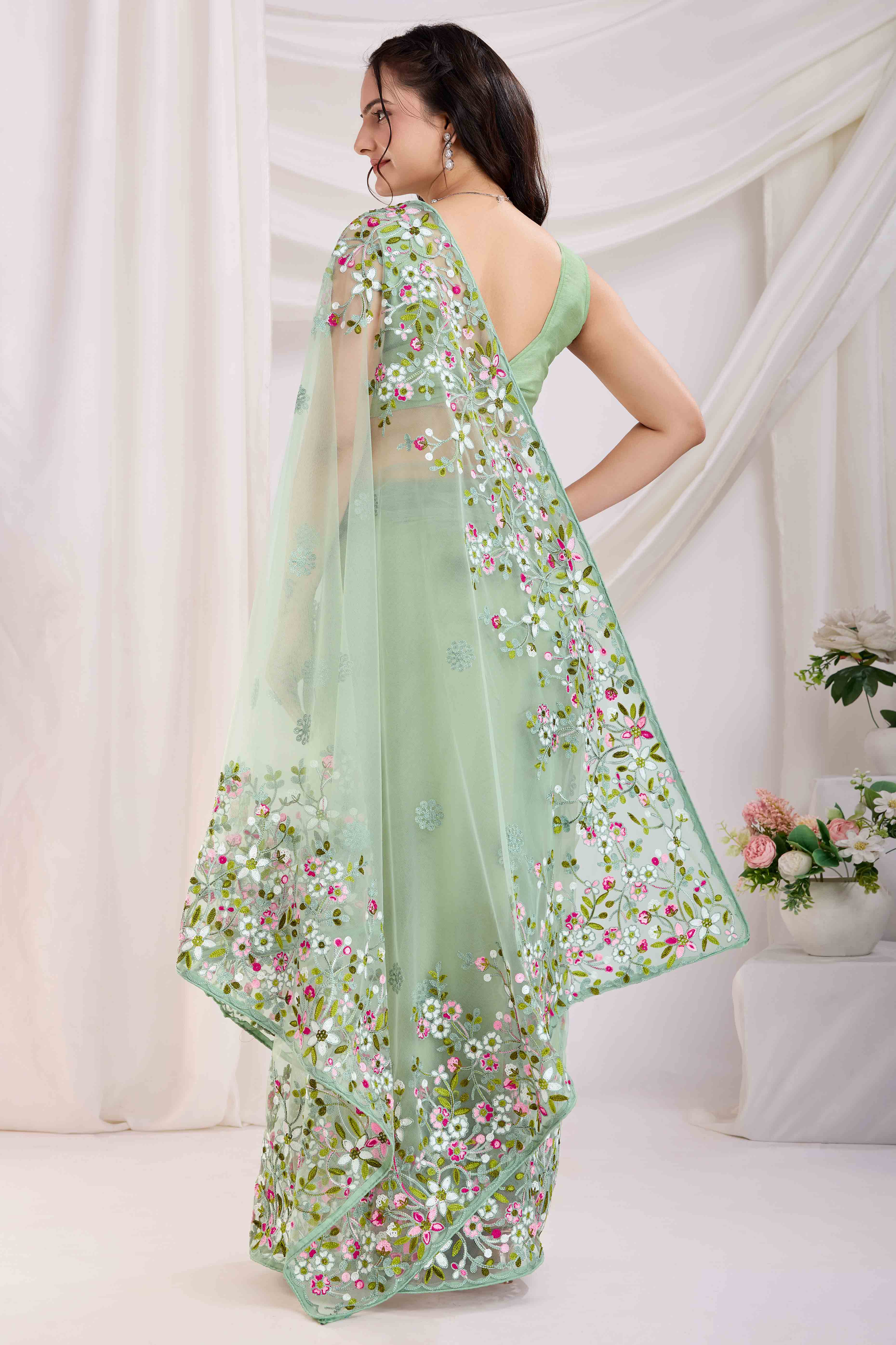 Green Floral Embroidered Net Saree