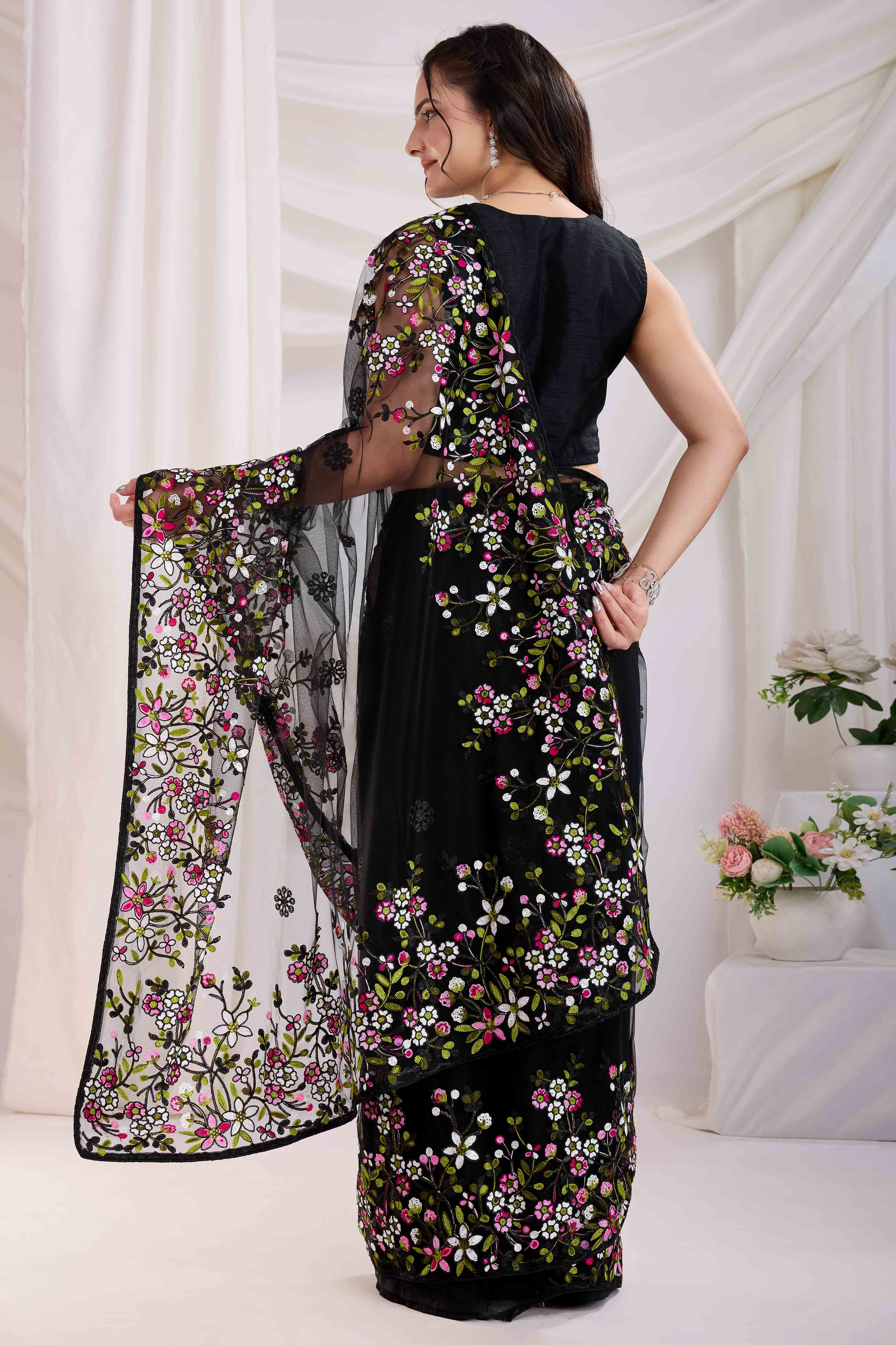 Black Floral Embroidered Net Saree