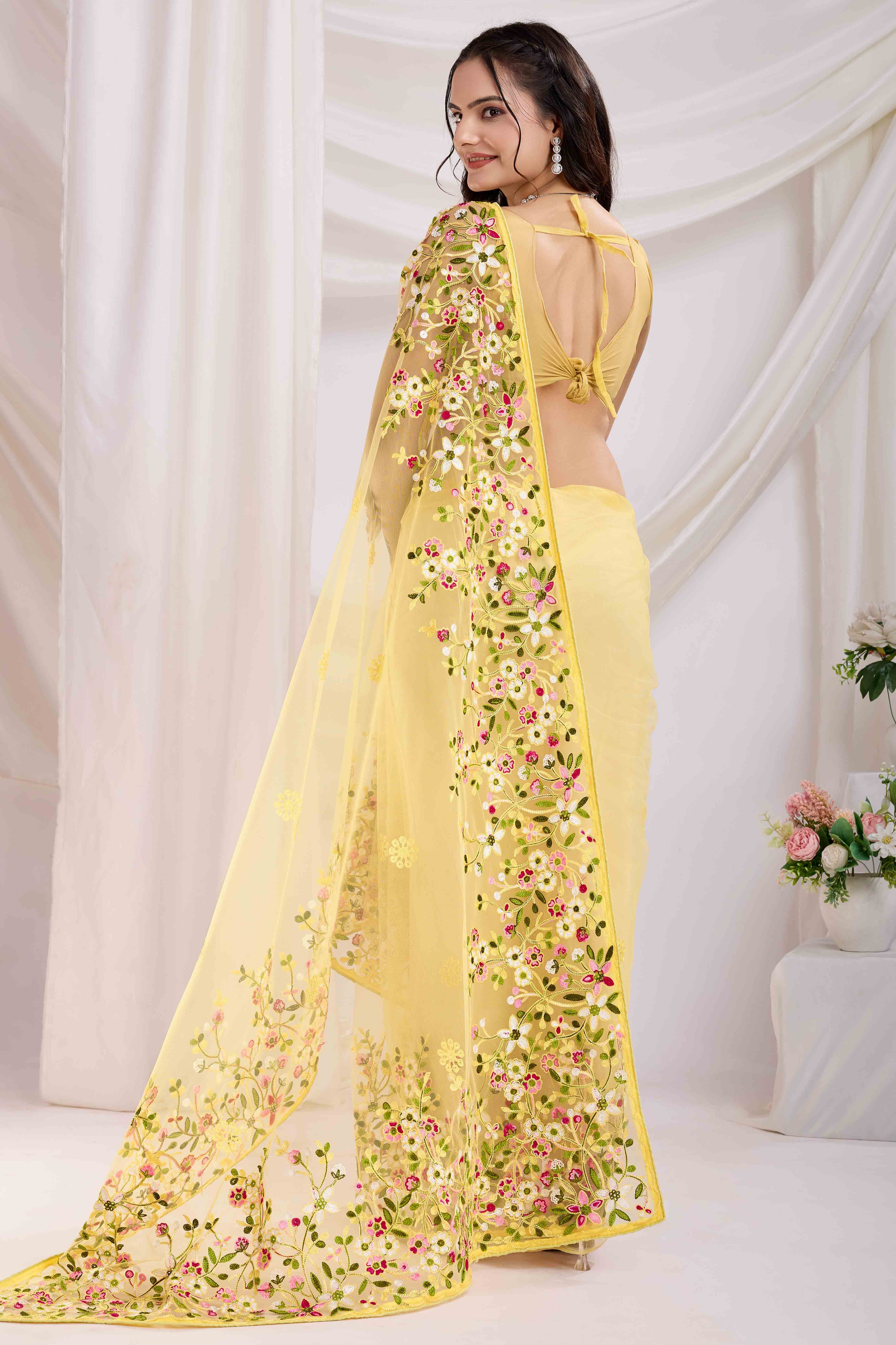 Yellow Floral Embroidered Net Saree