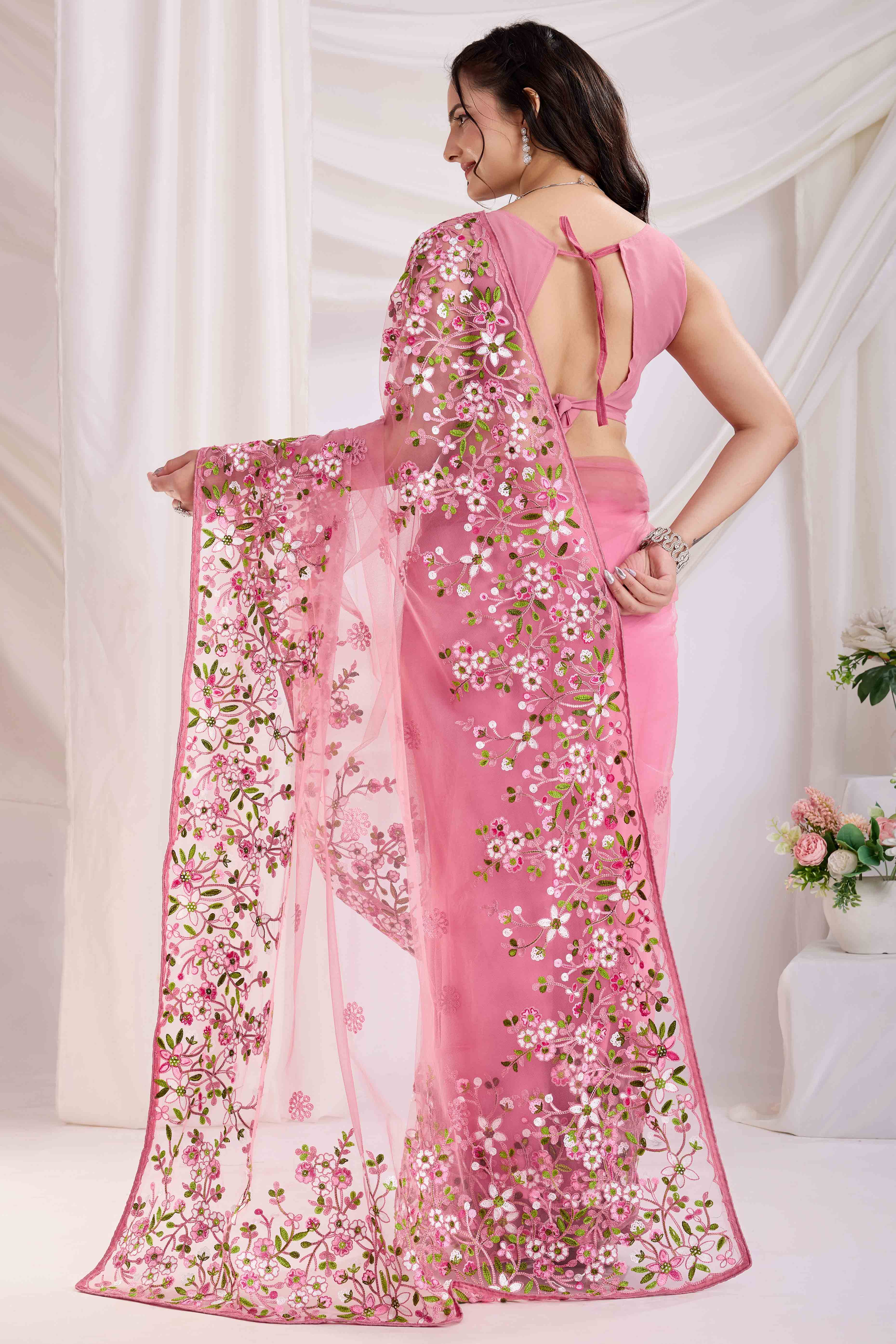 Pink Floral Embroidered Net Saree