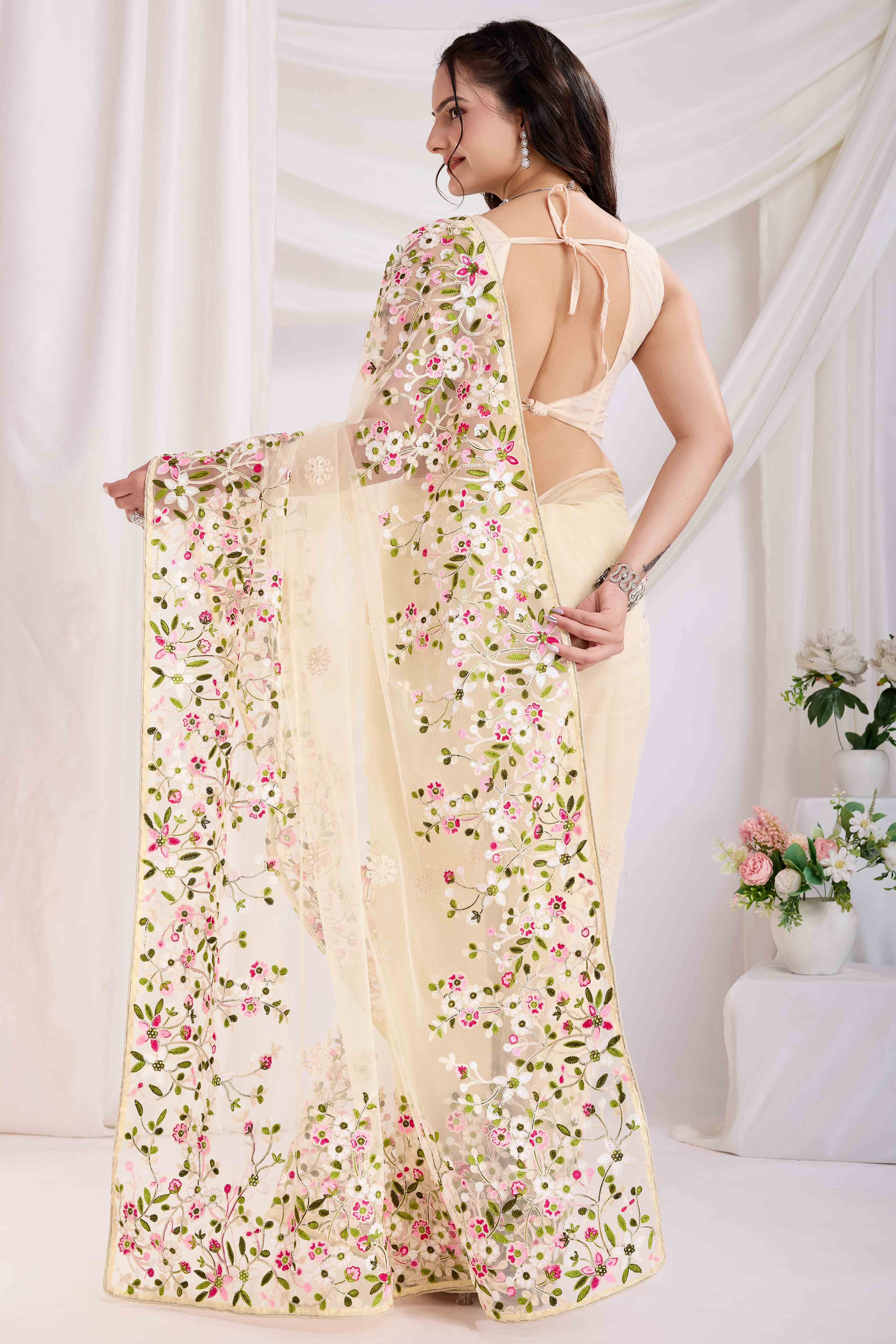 Cream Floral Embroidered Net Saree