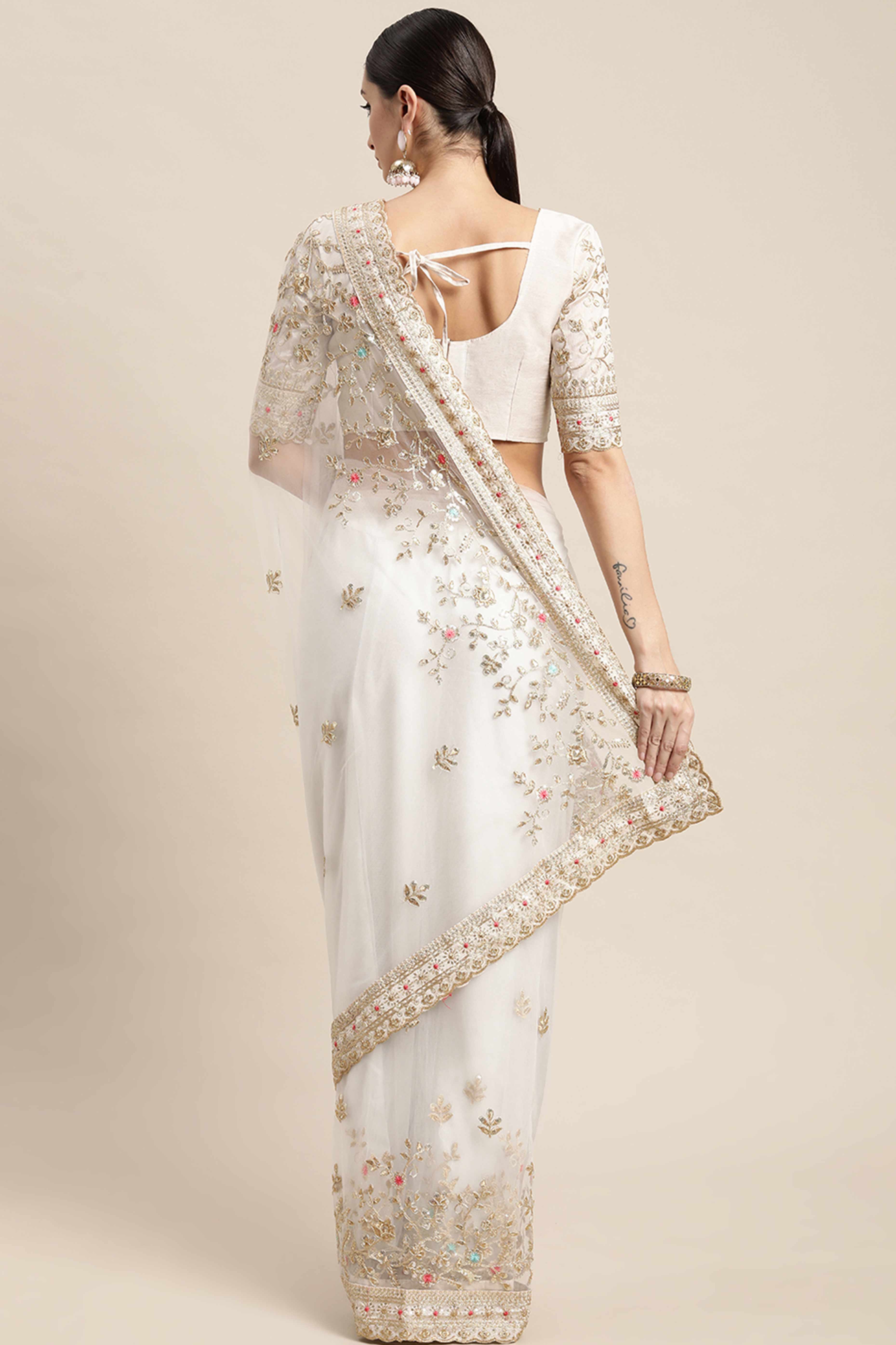 Cream Soft Net Saree With Delicate Floral Embroidery & Shimmering Sequins Work