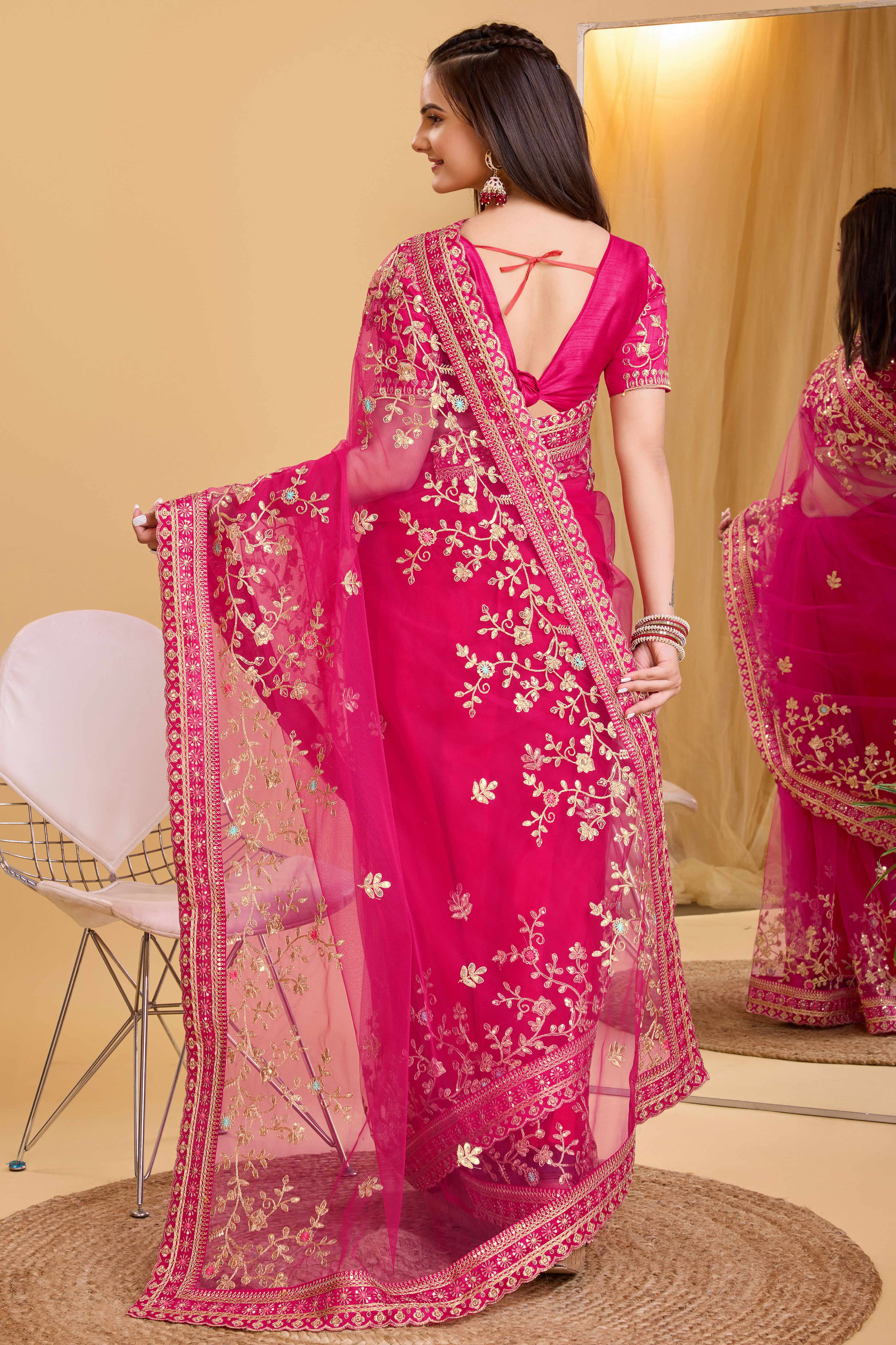 Rani Pink Soft Net Saree With Delicate Floral Embroidery & Shimmering Sequins Work