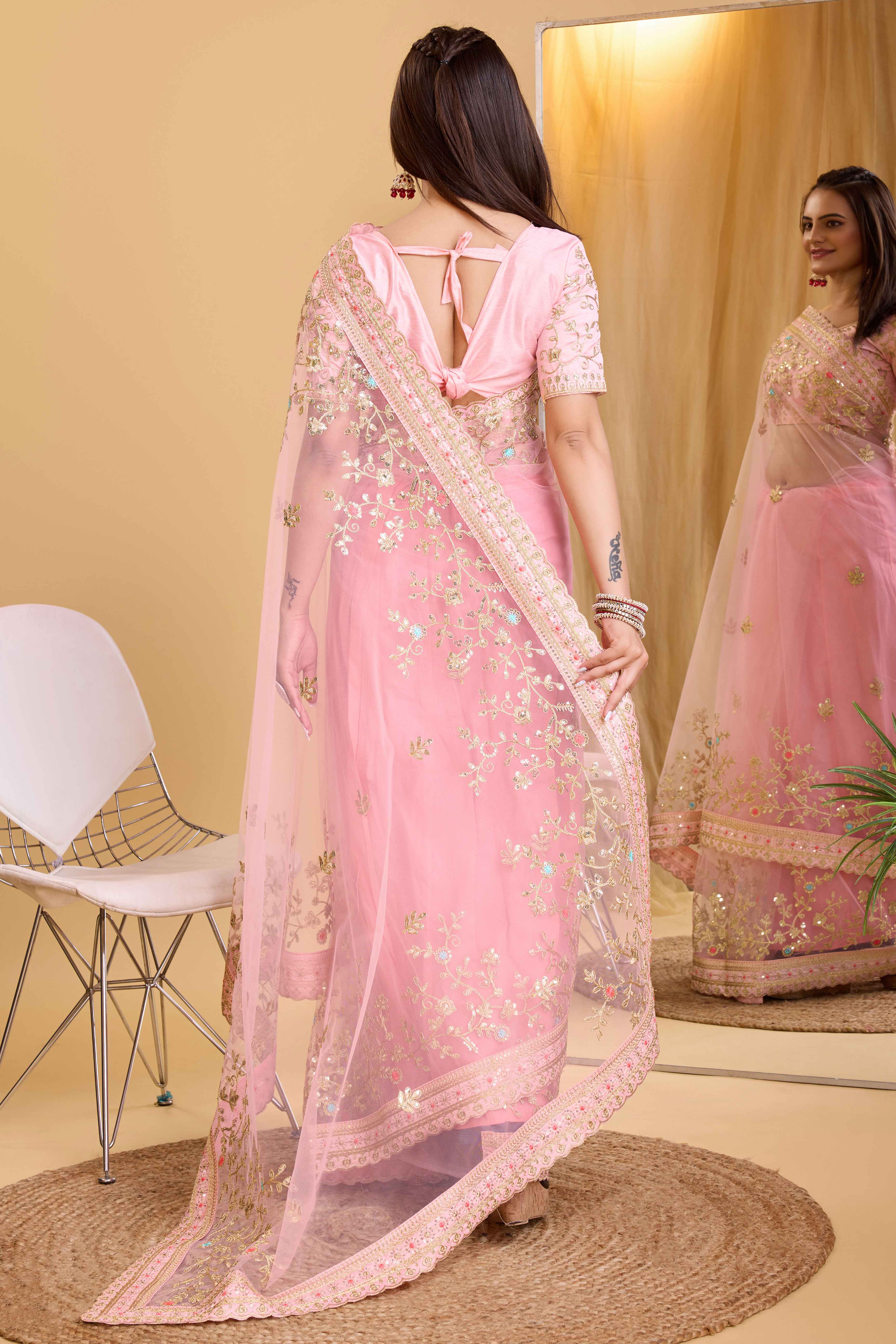 Baby Pink Soft Net Saree With Delicate Floral Embroidery & Shimmering Sequins Work