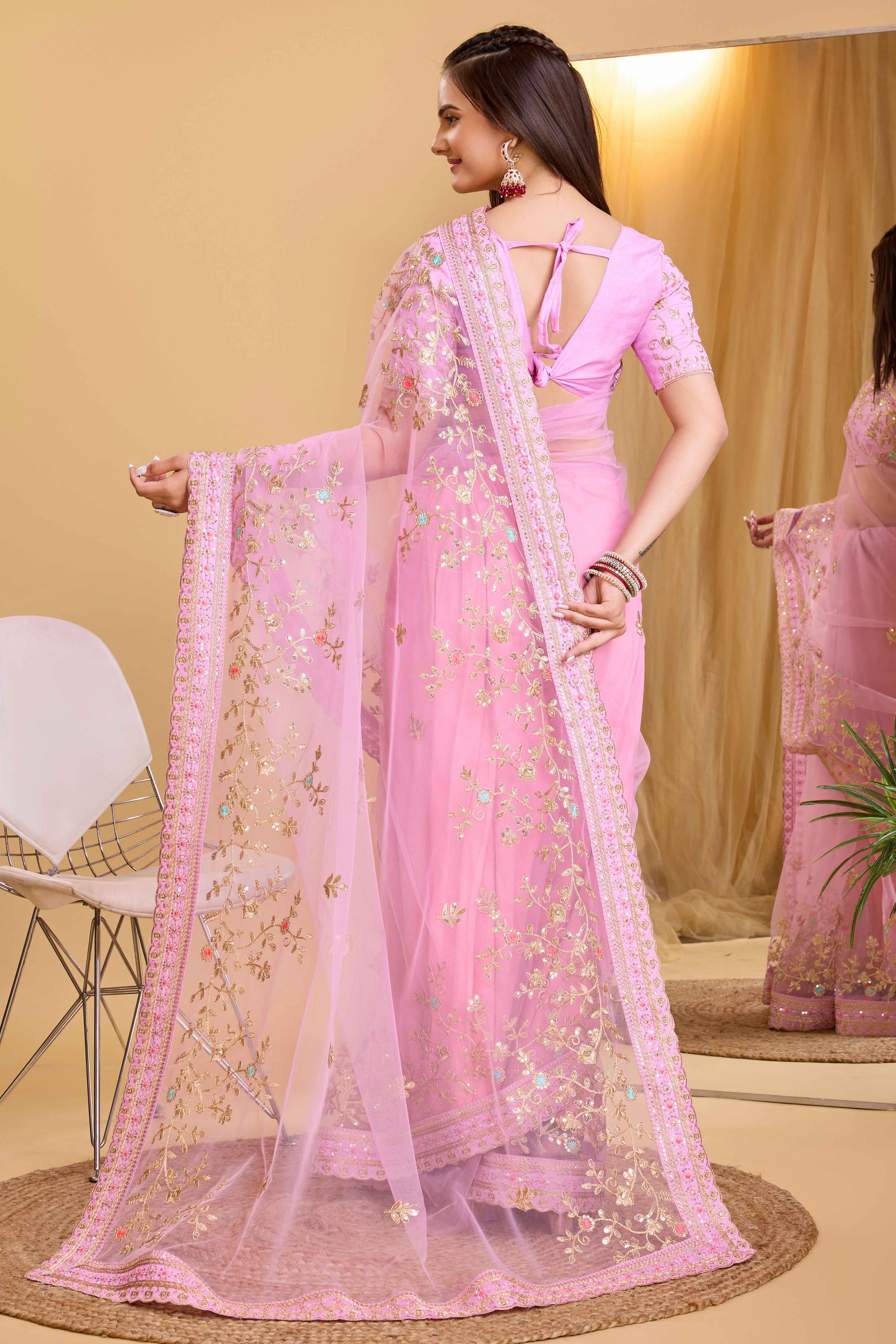 Pink Soft Net Saree With Delicate Floral Embroidery & Shimmering Sequins Work