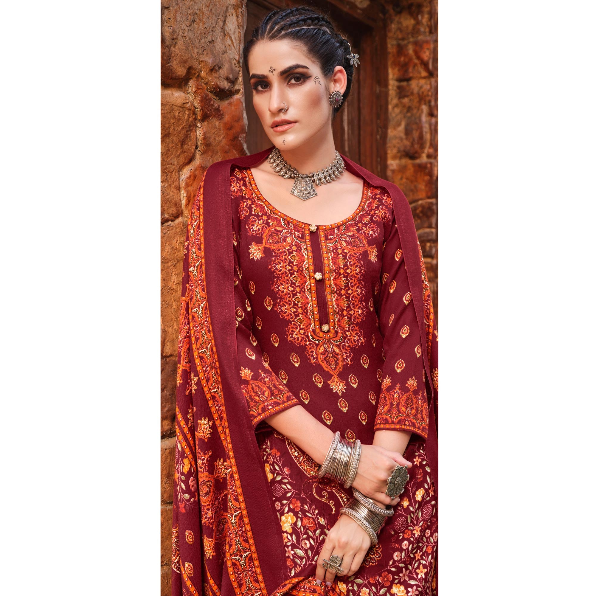 Maroon Floral Digital Printed Pashmina Salwar Suit