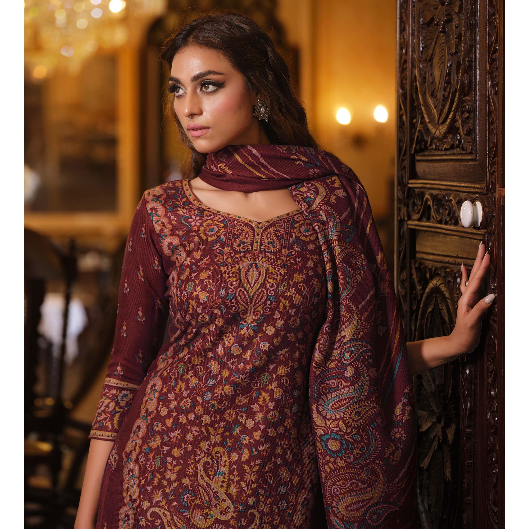 Maroon Digital Printed Pashmina Woolen Suit