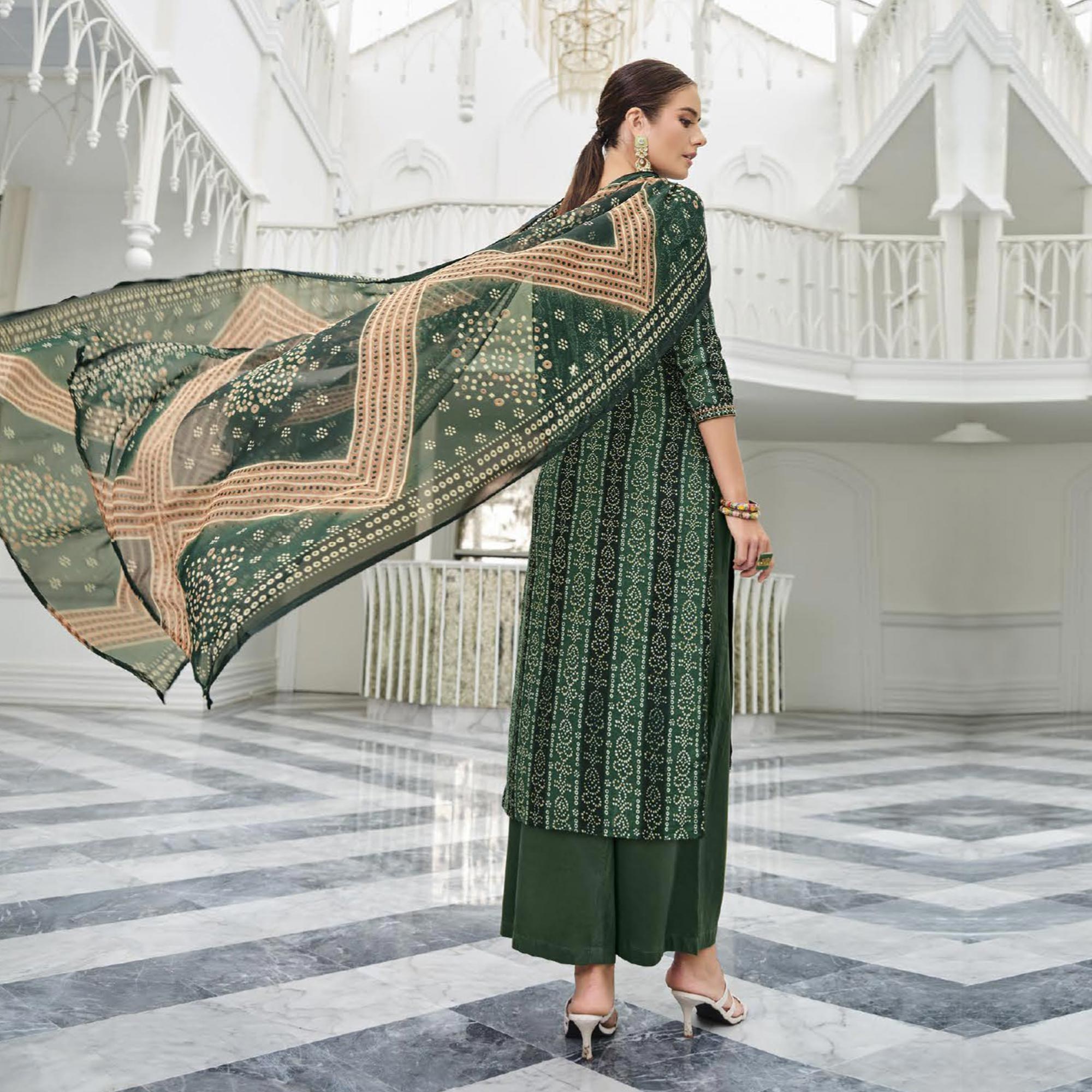 Green Printed With Embroidered Rayon Suit