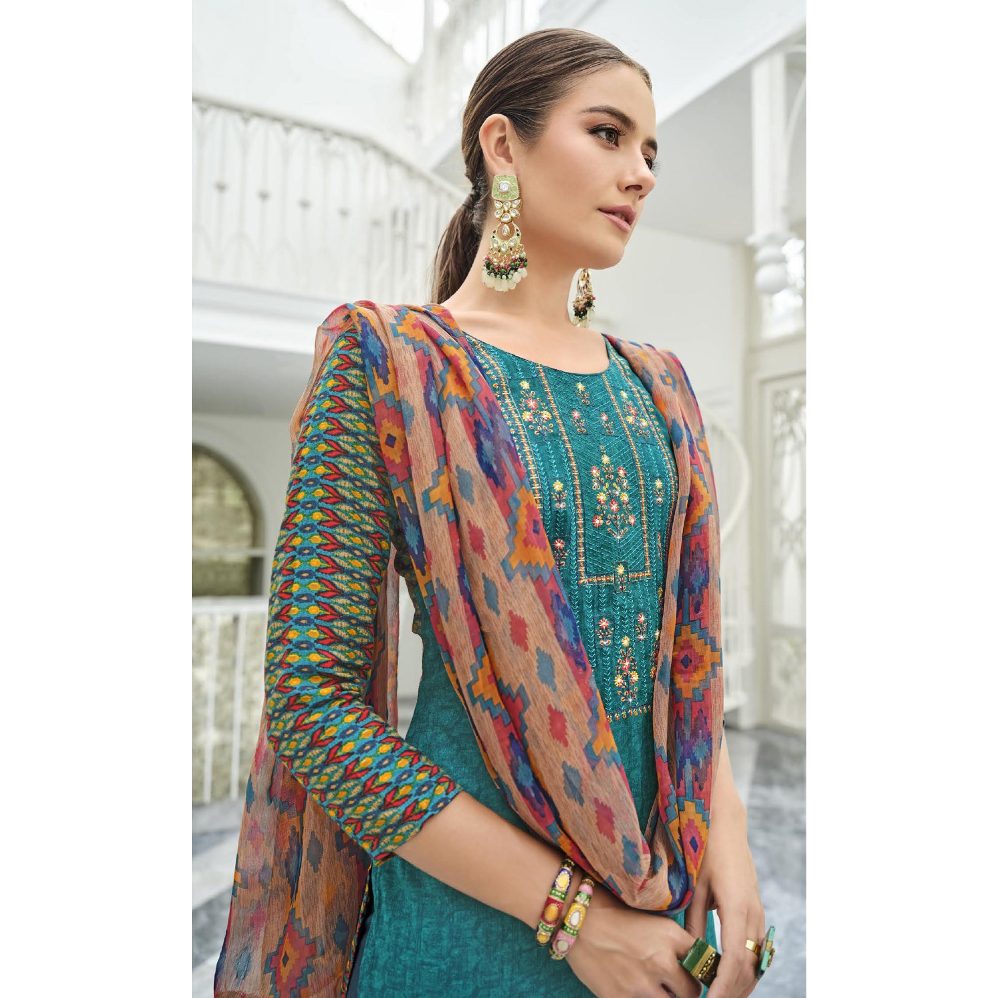 Teal Green Printed With Embroidered Rayon Suit