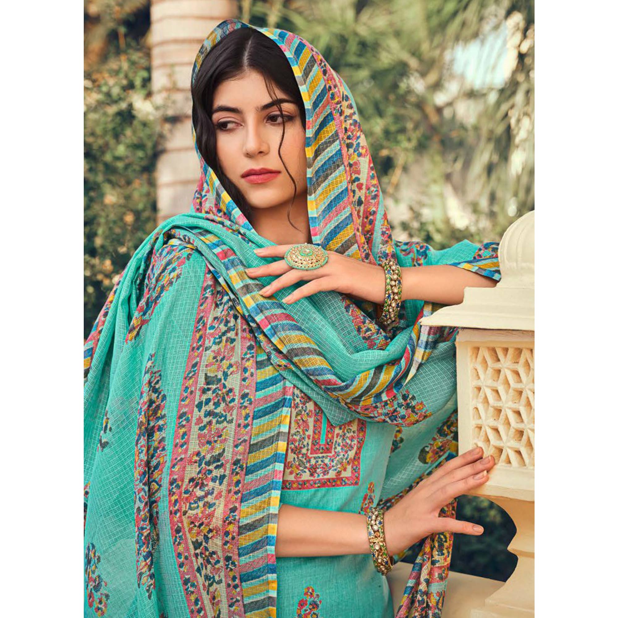 Turquoise Floral Printed Pure Cotton Suit