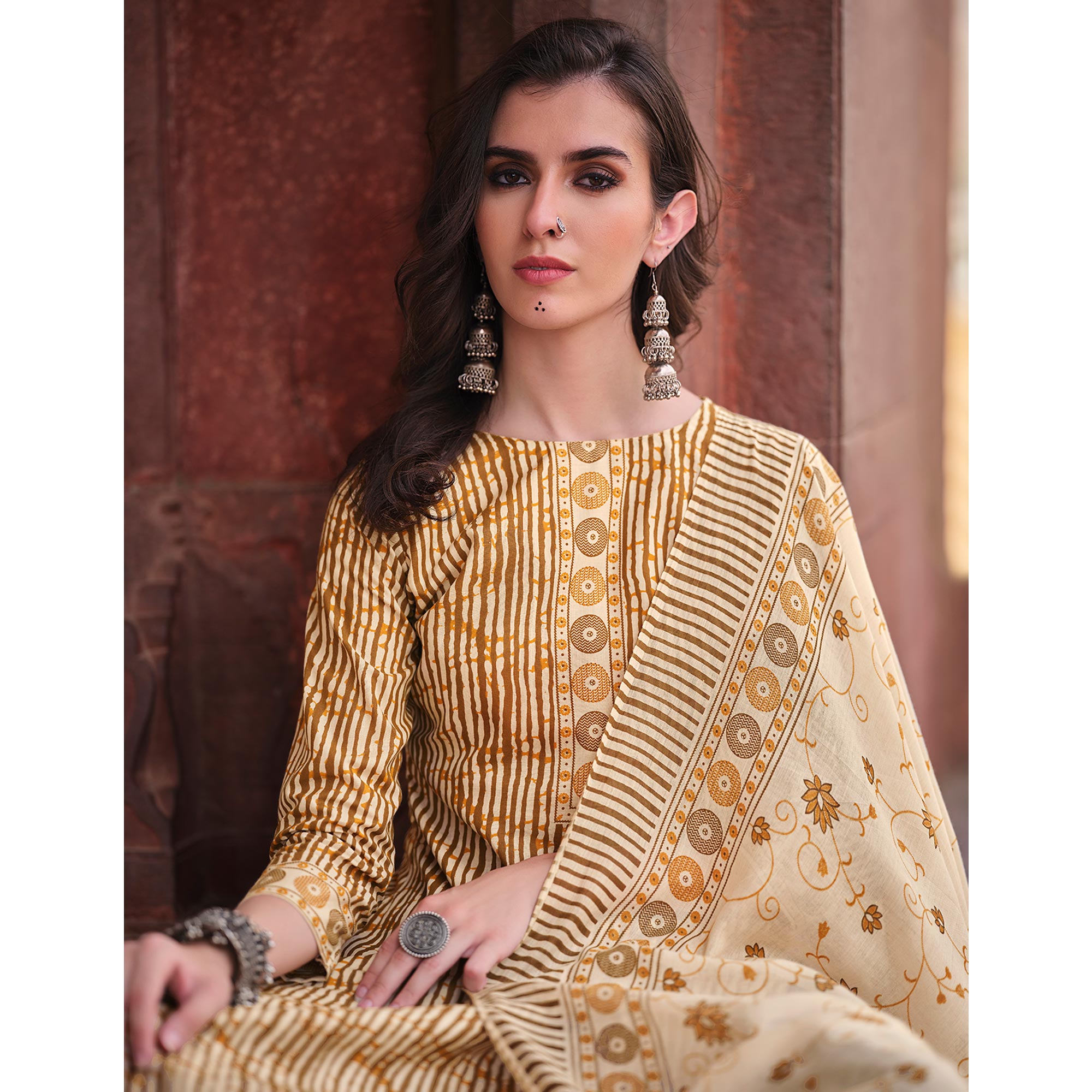 Beige Printed Pure Cotton Dress Material