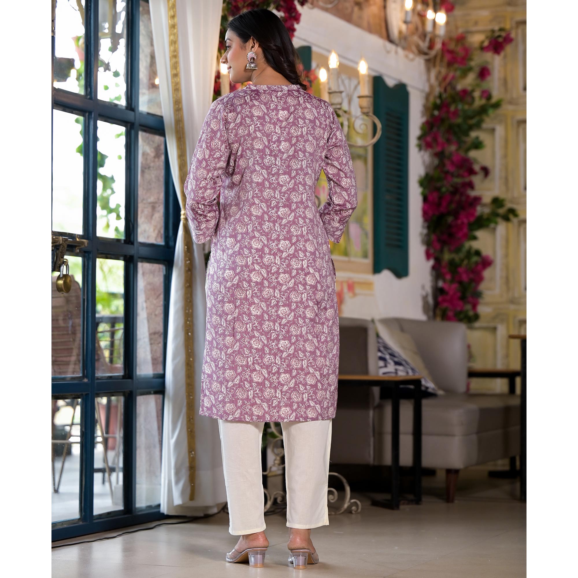 Purple Floral Printed Rayon Straight Kurti