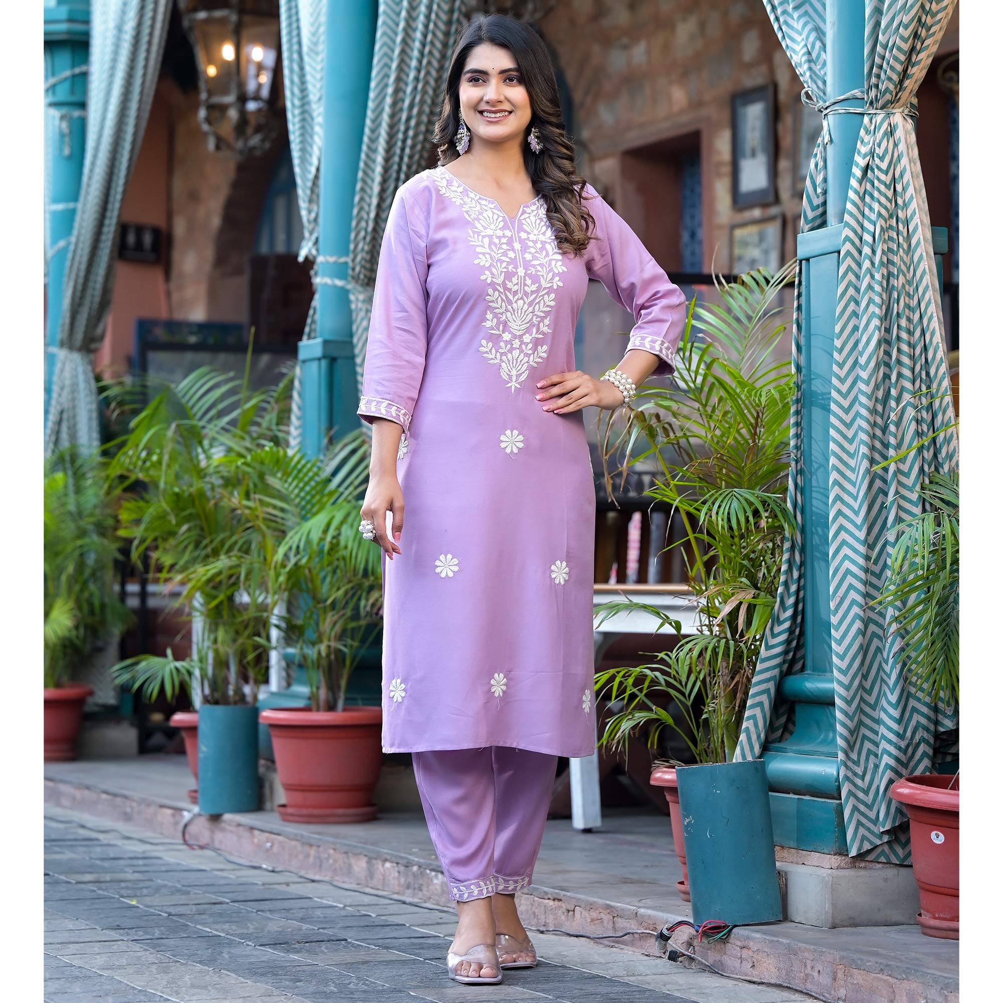 Lavender Lucknowi Embroidered Rayon Salwar Suit