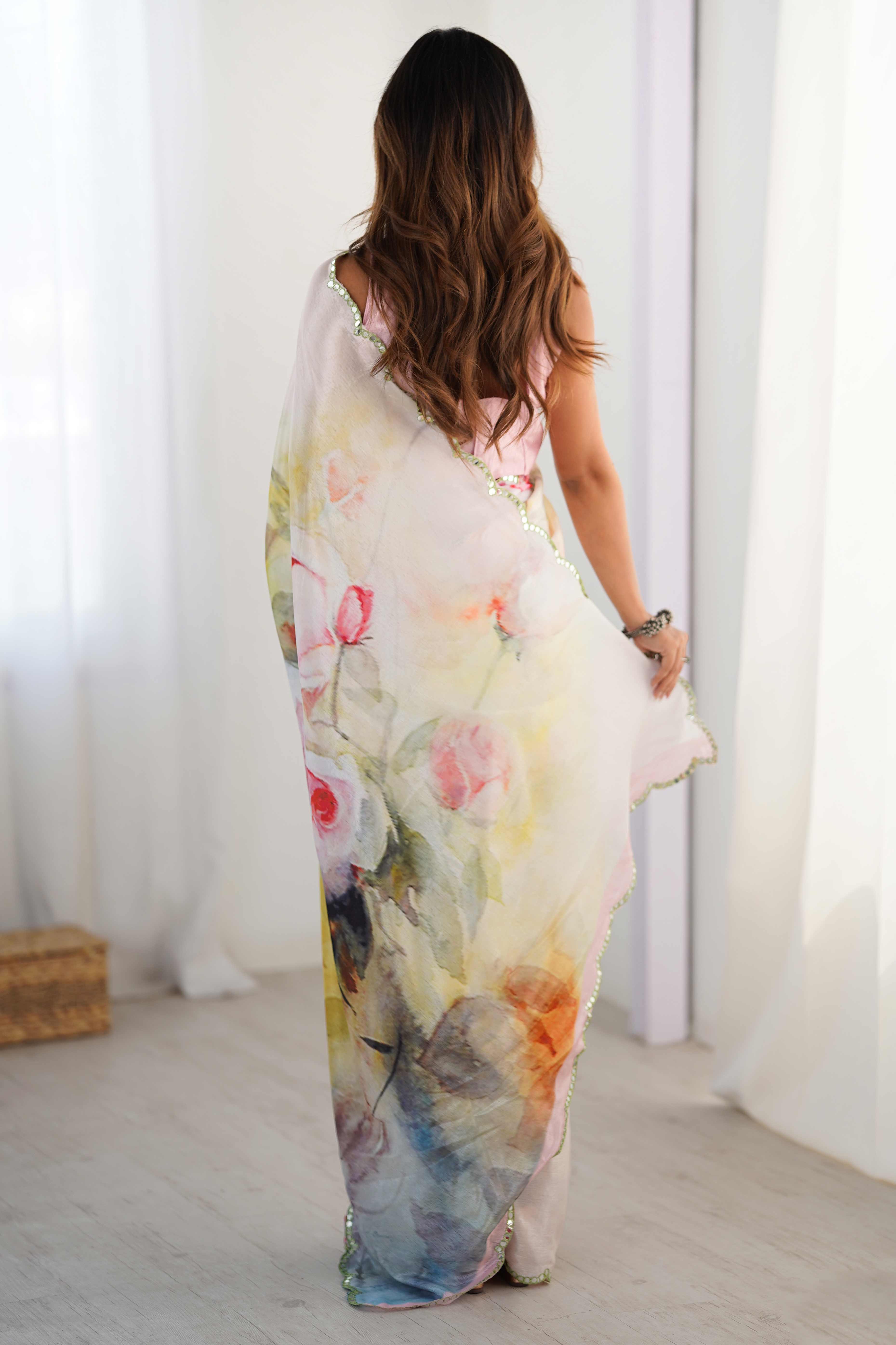 White Floral Printed Chinon Saree with Shimmering Mirror Detailing