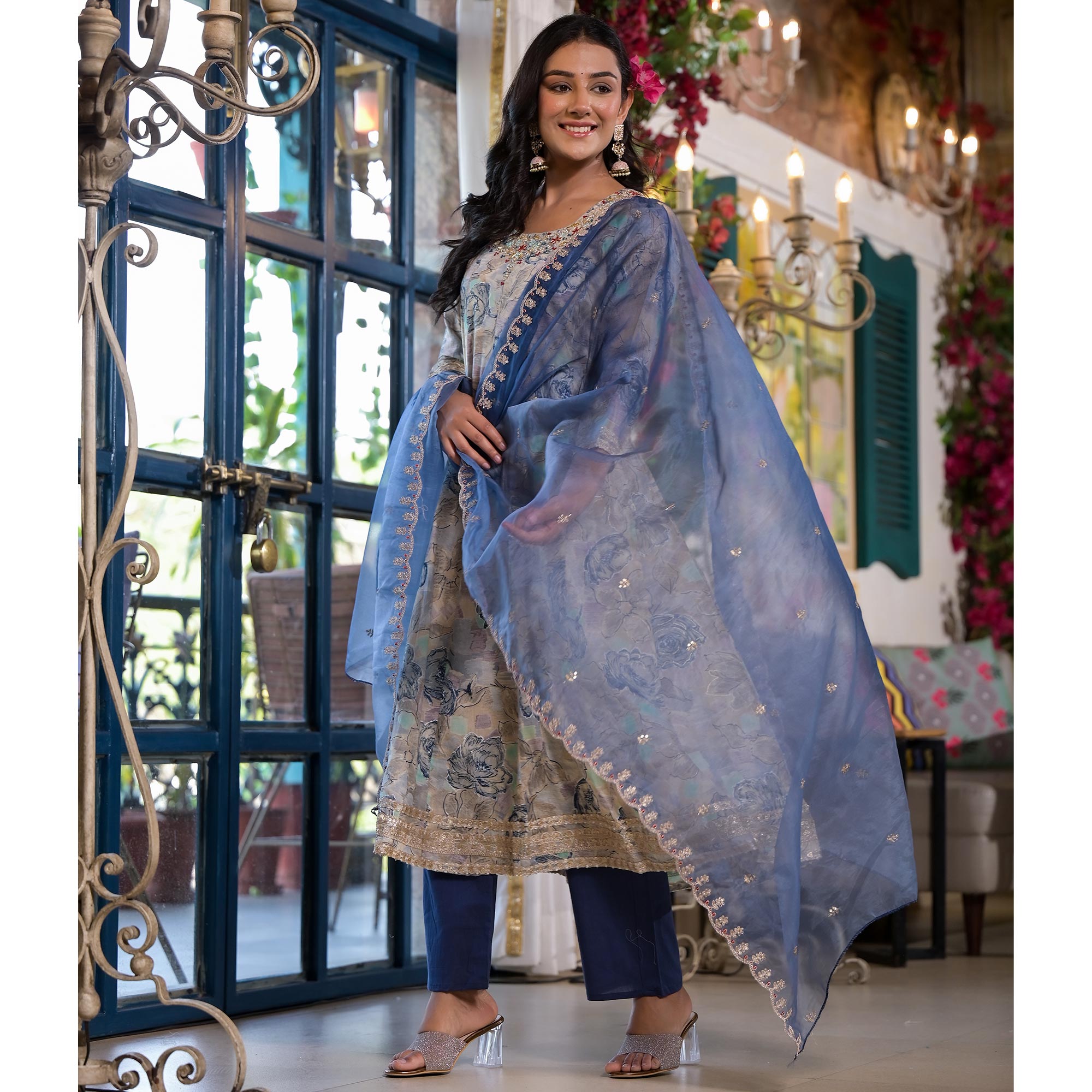 Chikoo & Blue Floral Foil Printed Mulmul Cotton Anarkali Salwar Suit