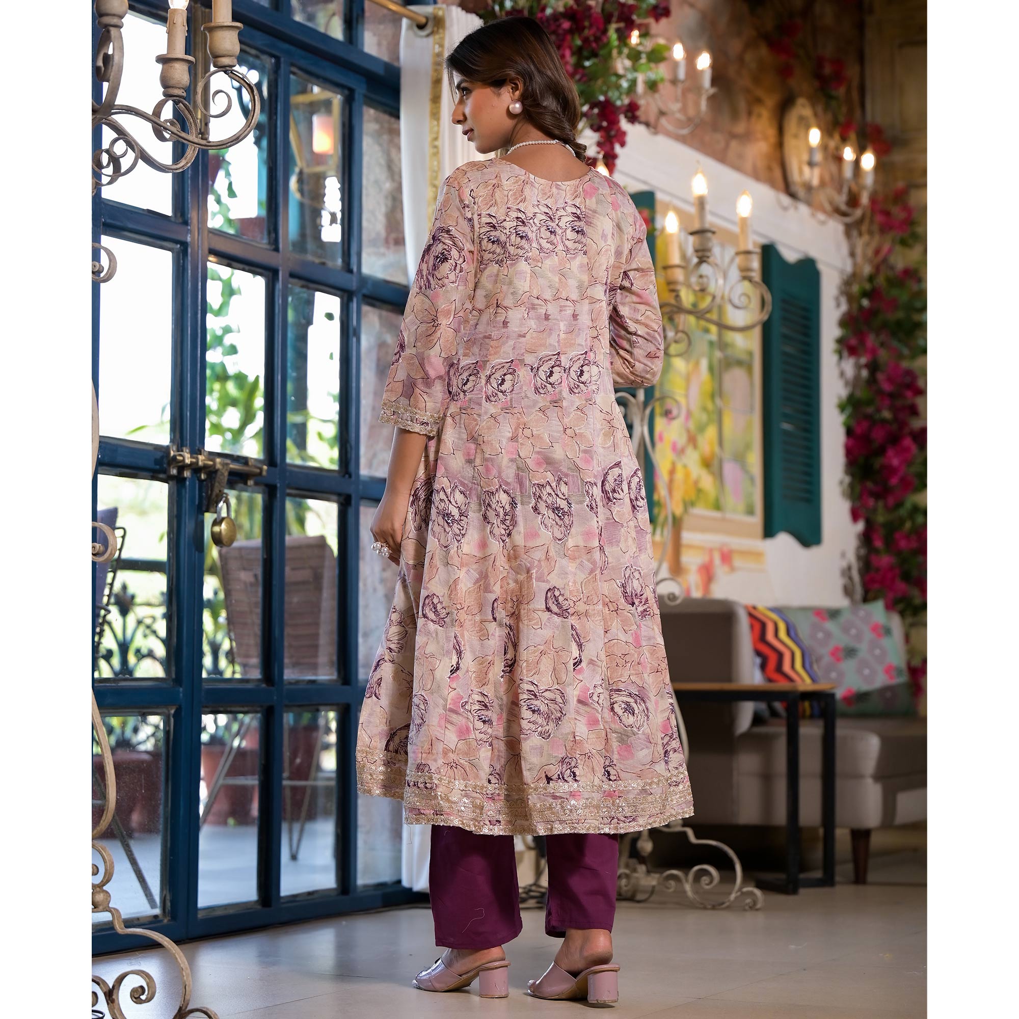 Chikoo & Purple Floral Foil Printed Anarkali Mulmul Cotton Salwar Suit