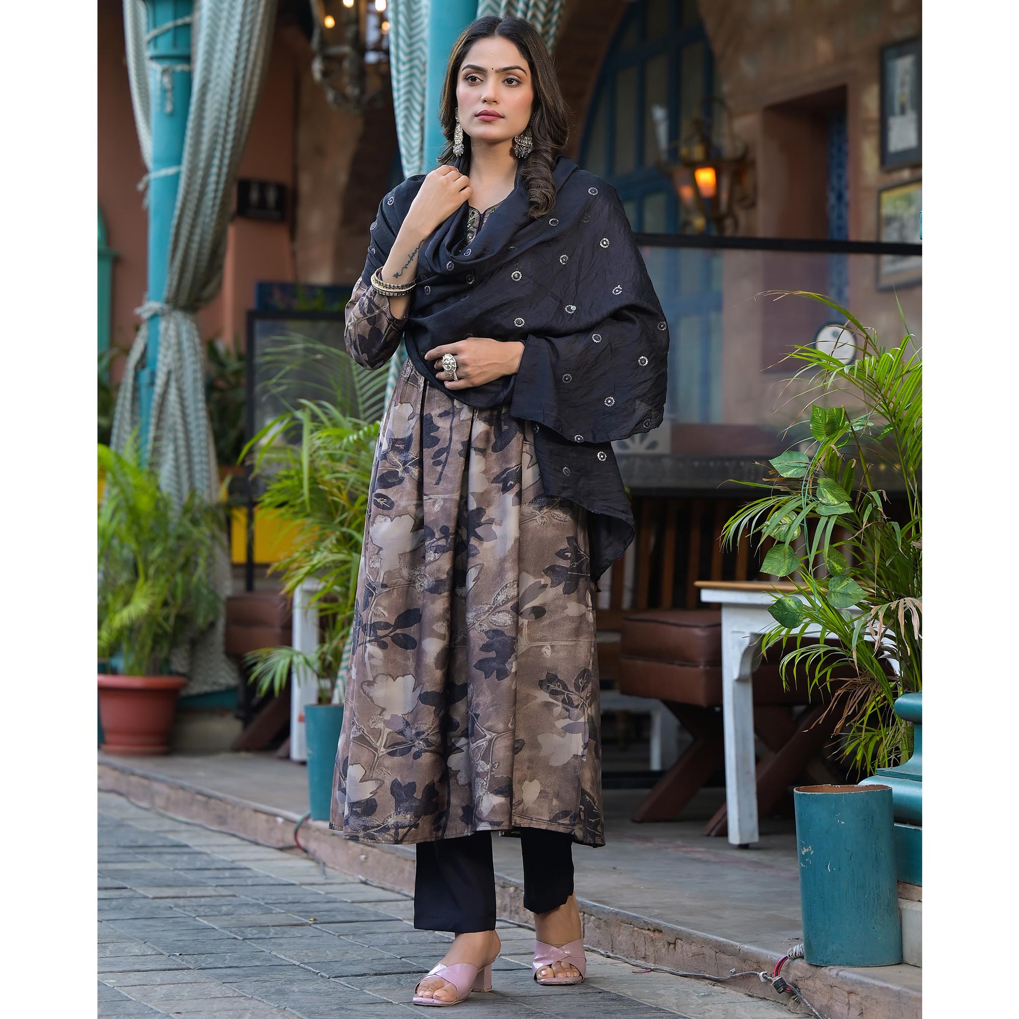 Chikoo & Black Floral Printed Alia Cut Chanderi Silk Salwar Suit