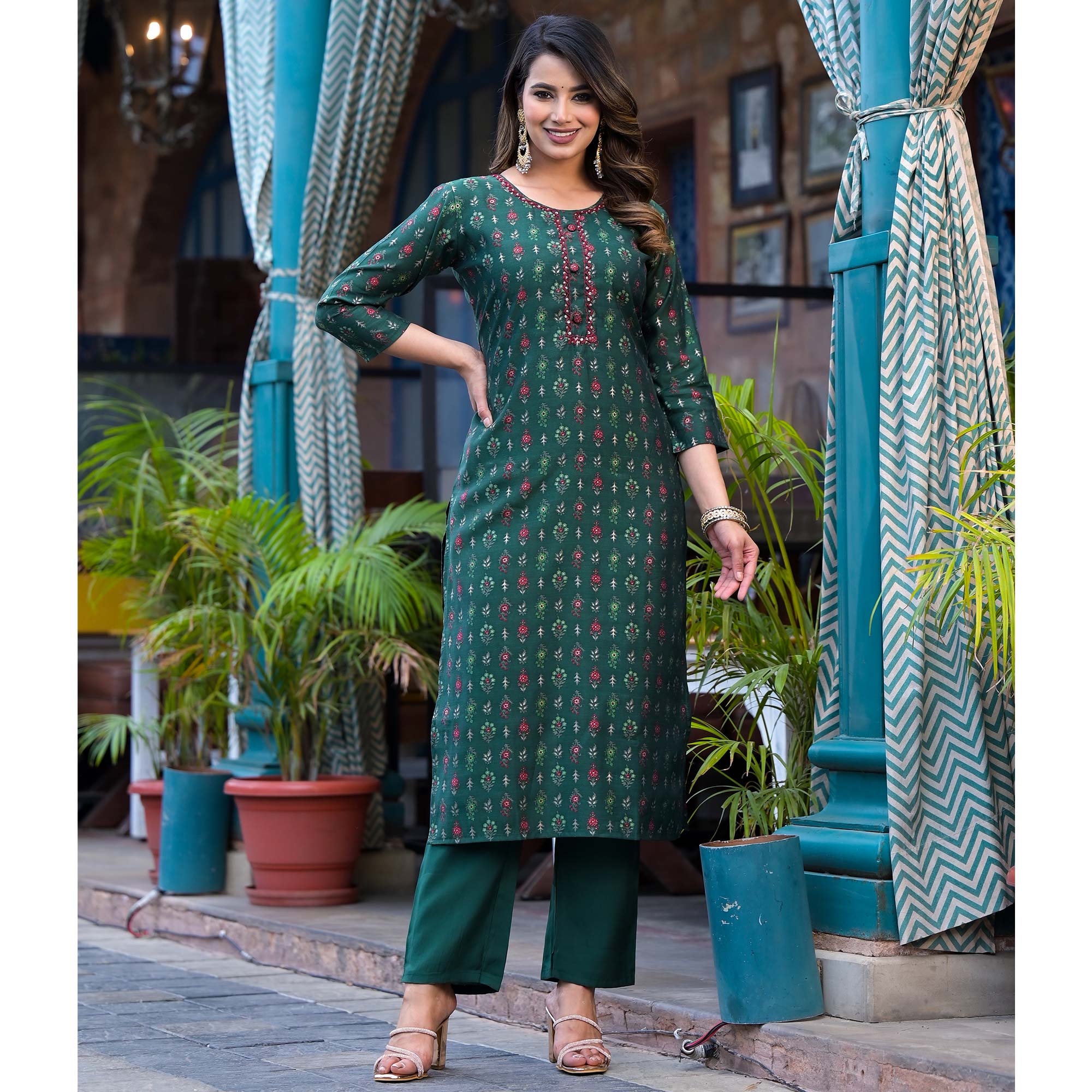 Bottle Green Floral Kantha Work Embroidered Chanderi Silk Salwar Suit