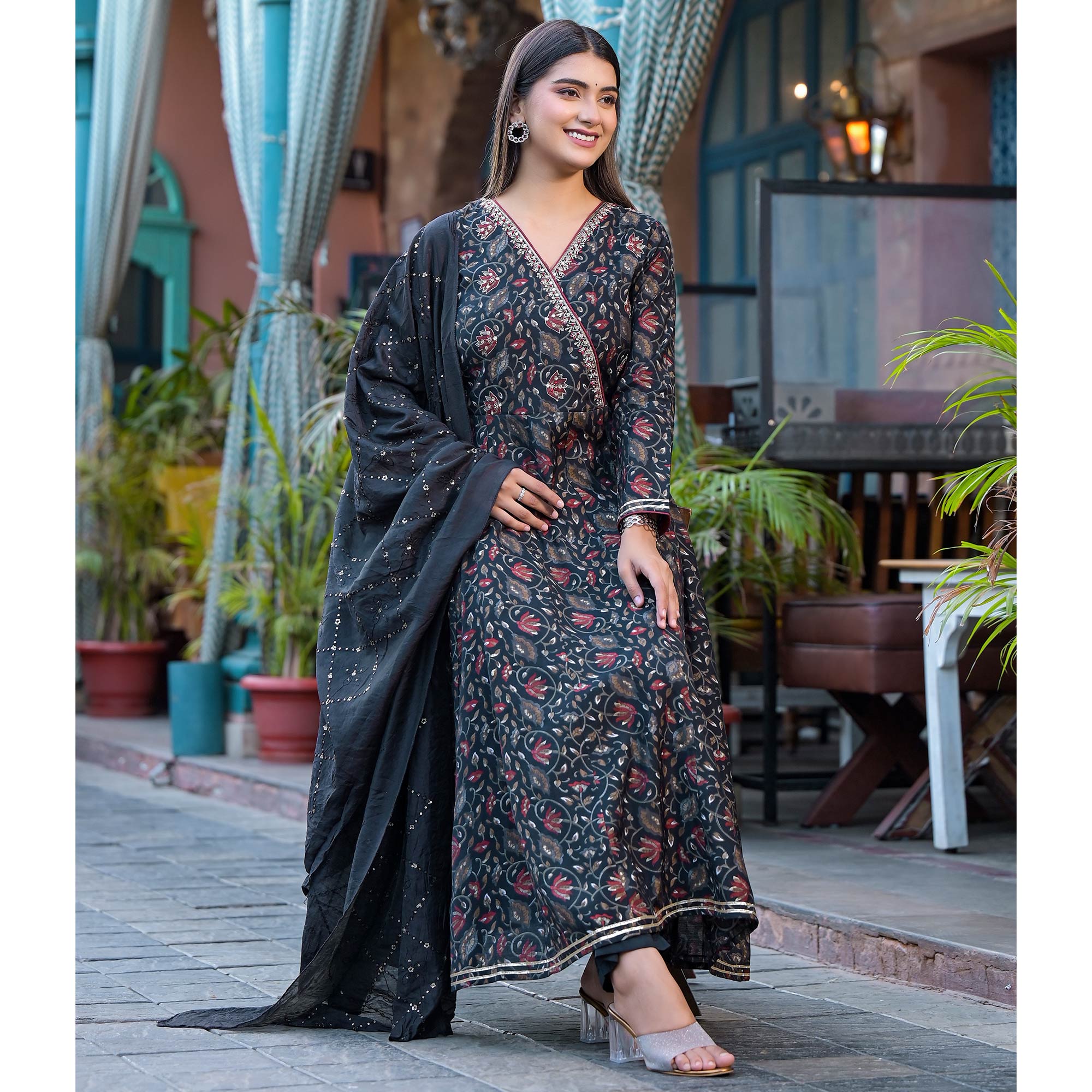 Black Floral Printed Chanderi Silk Anarkali Salwar Suit