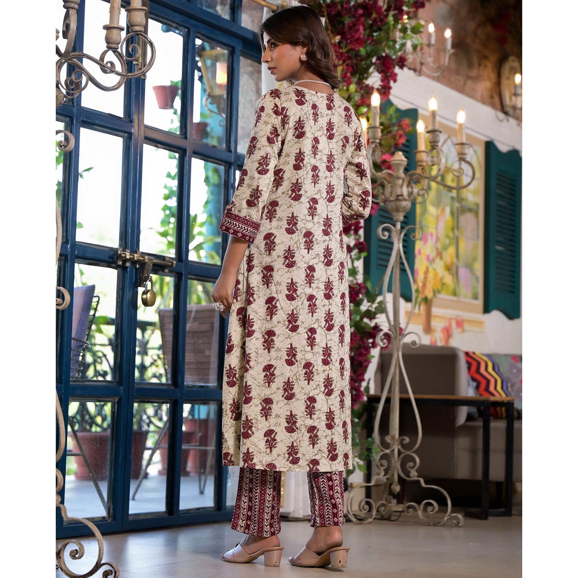 Chikoo & Maroon Floral Foil Printed Rayon A-Line Salwar Suit