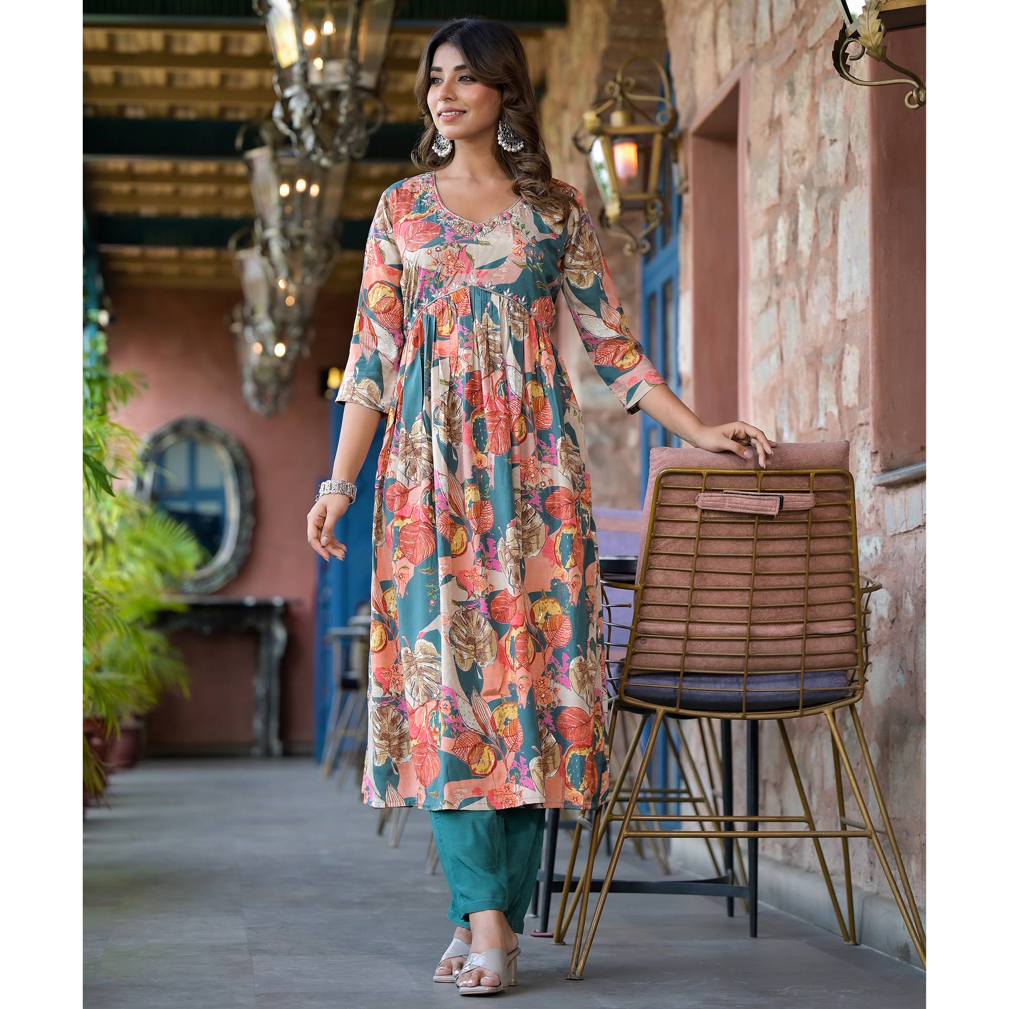 Teal Blue Floral Foil Printed Muslin Alia Cut Salwar Suit With Handcrafted