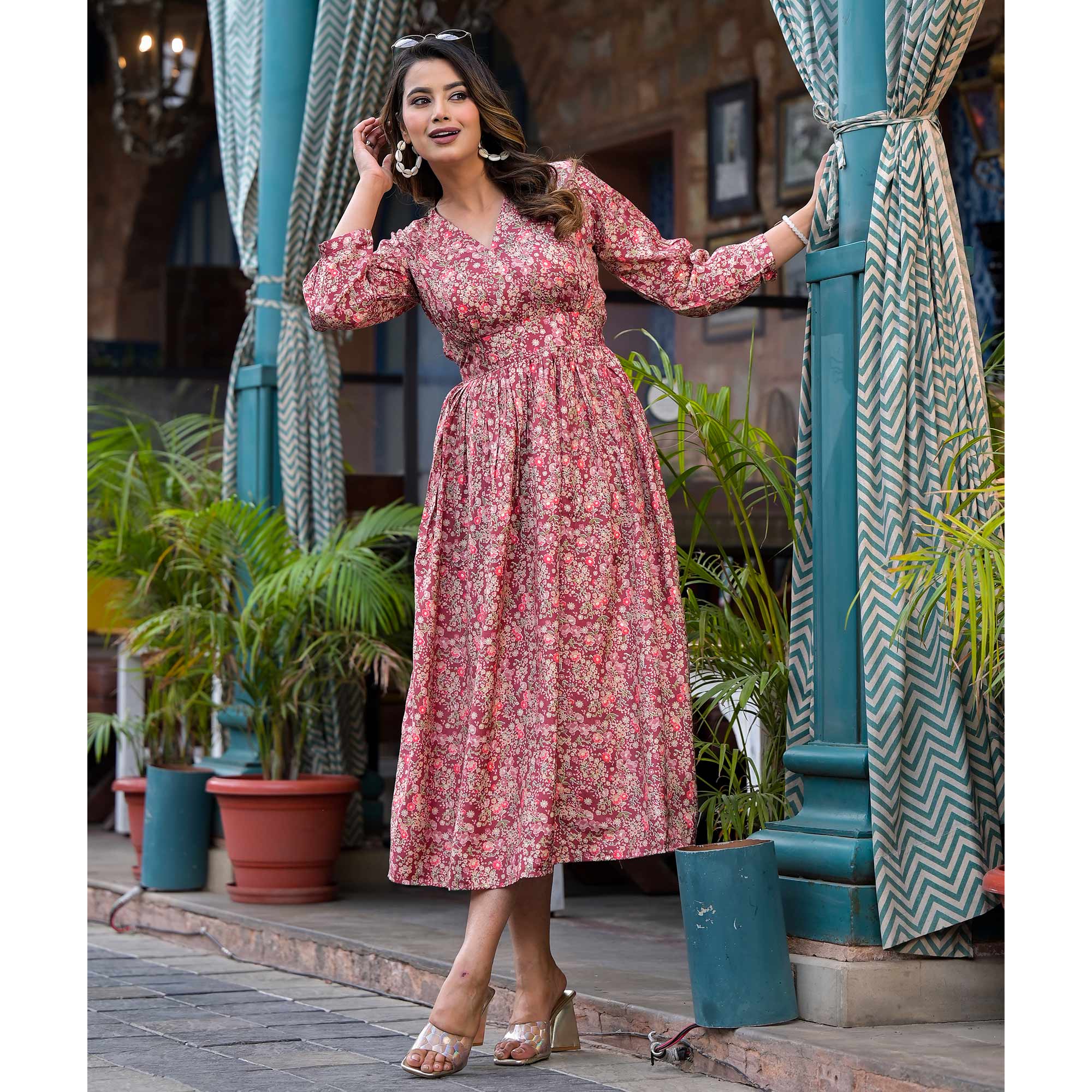 Burgundy Floral Printed Muslin A-line Dress