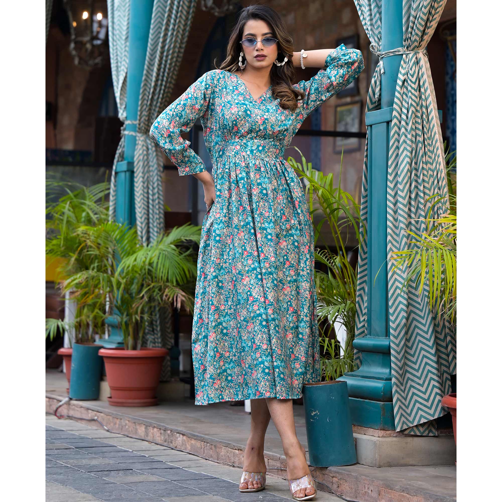 Turquoise Floral Printed Muslin A-line Dress