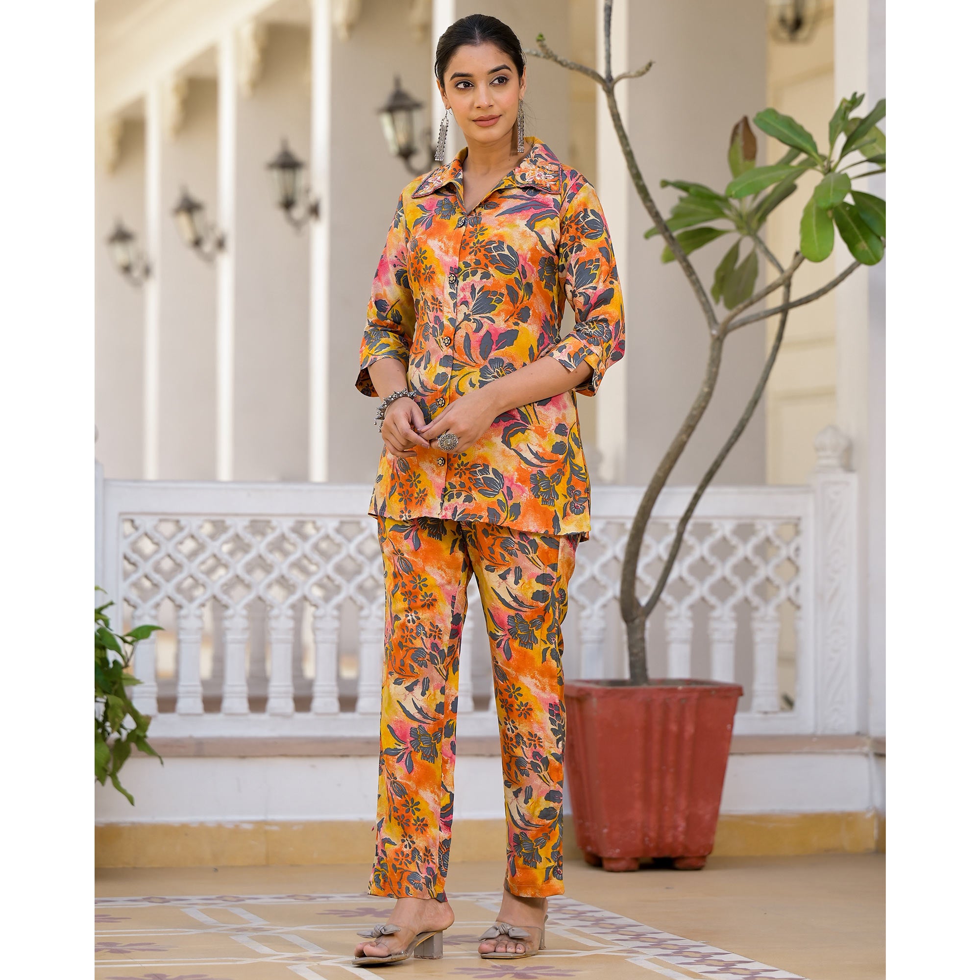 Yellow Floral Foil Printed Chanderi Silk Co Ord Set