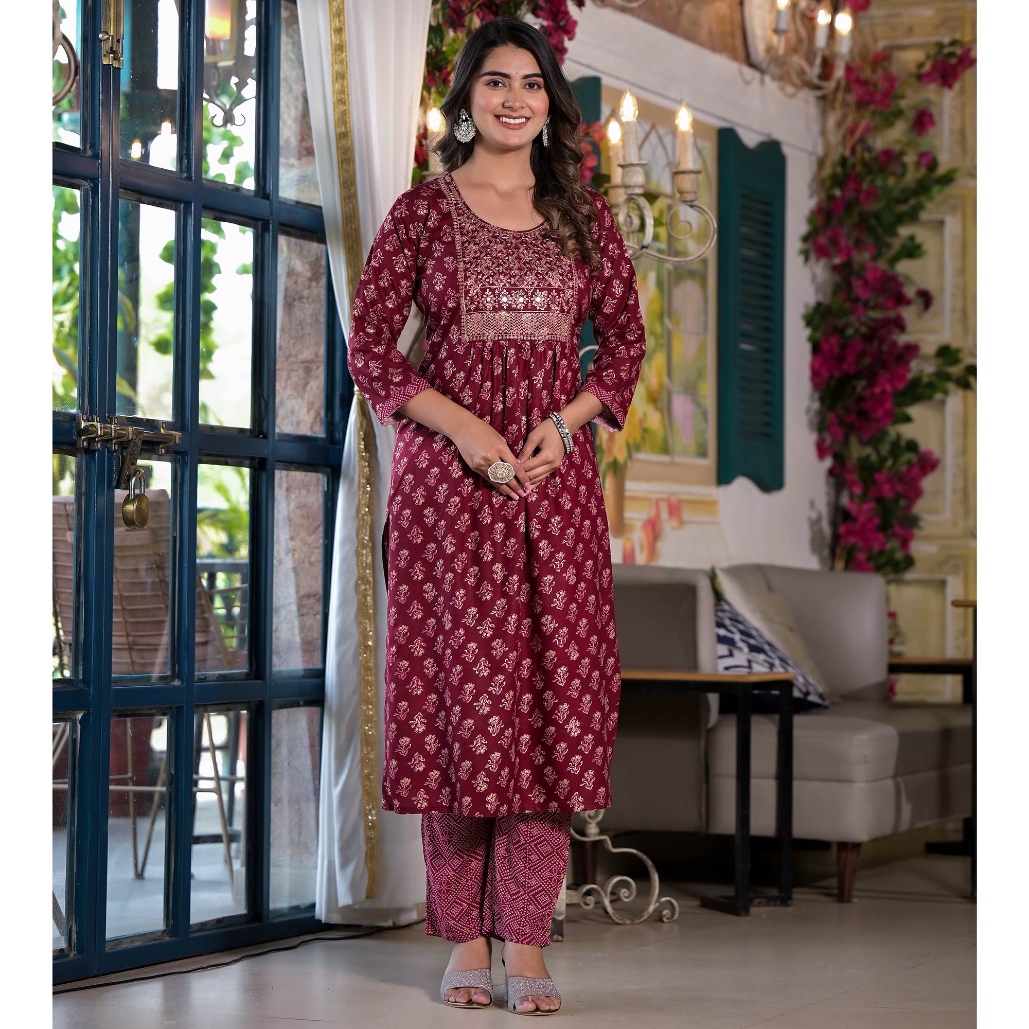Maroon Floral Naira Cut Rayon Salwar Suit With Mirror Work