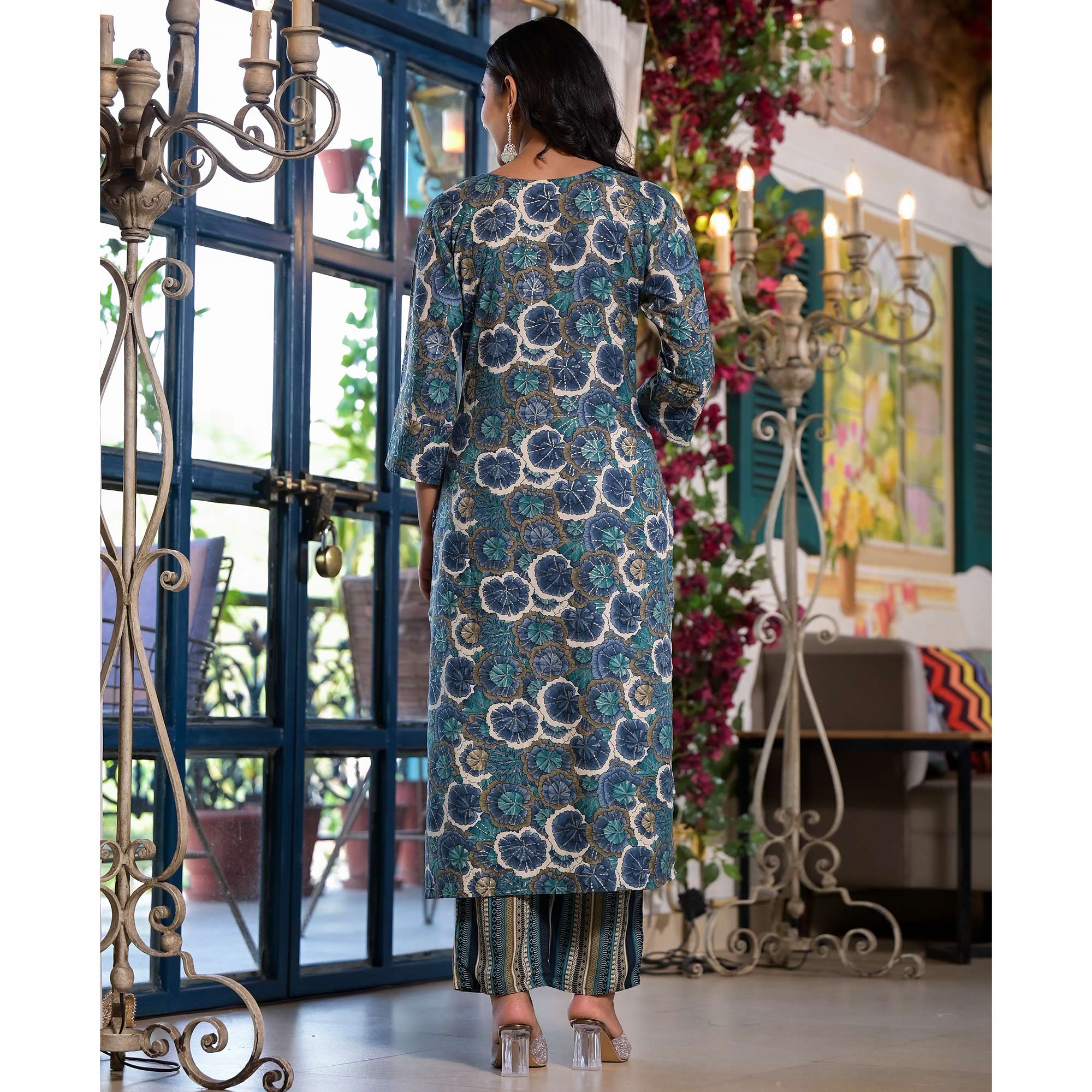Blue Floral Foil Printed Rayon Straight Salwar Suit
