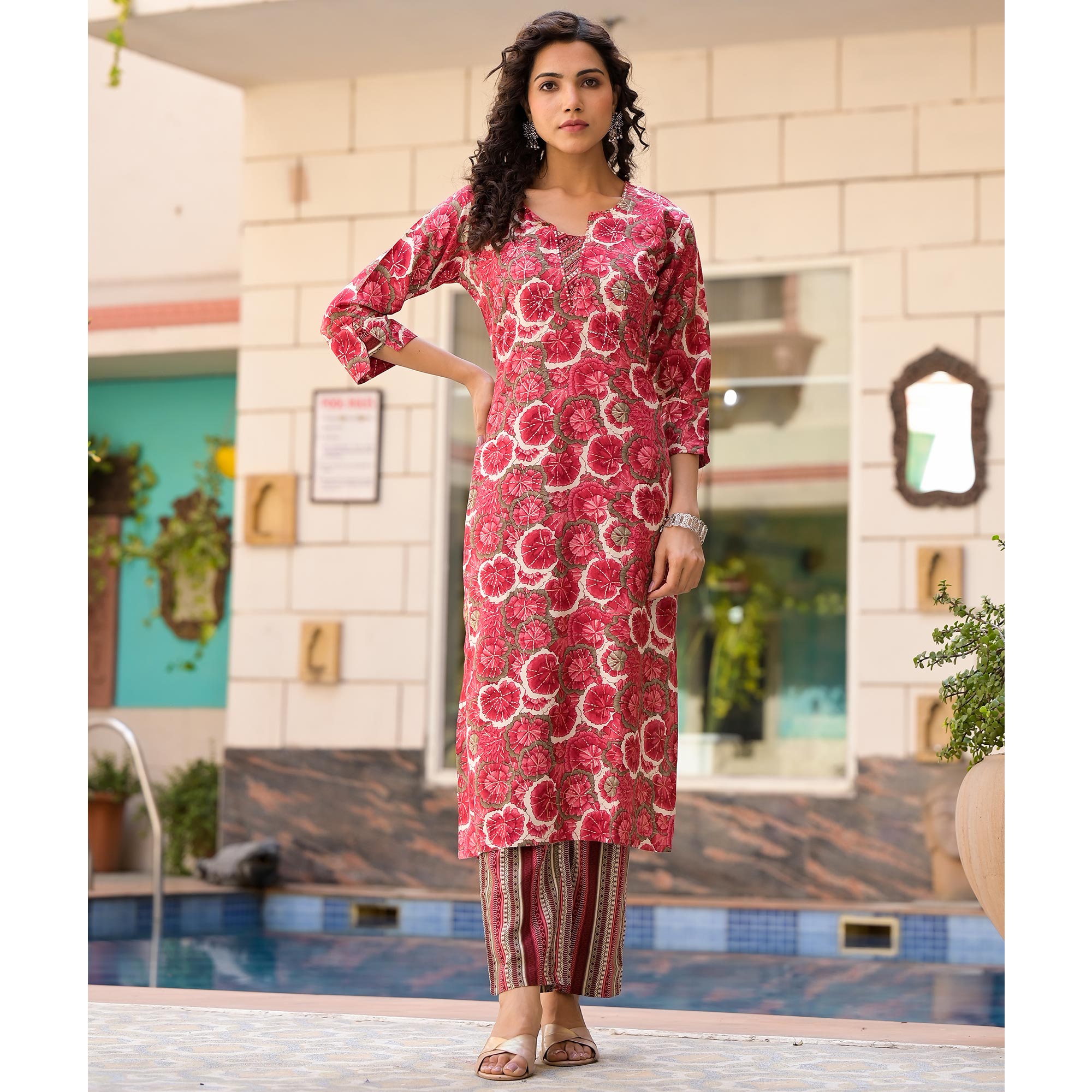 Red Floral Foil Printed Rayon Straight Salwar Suit