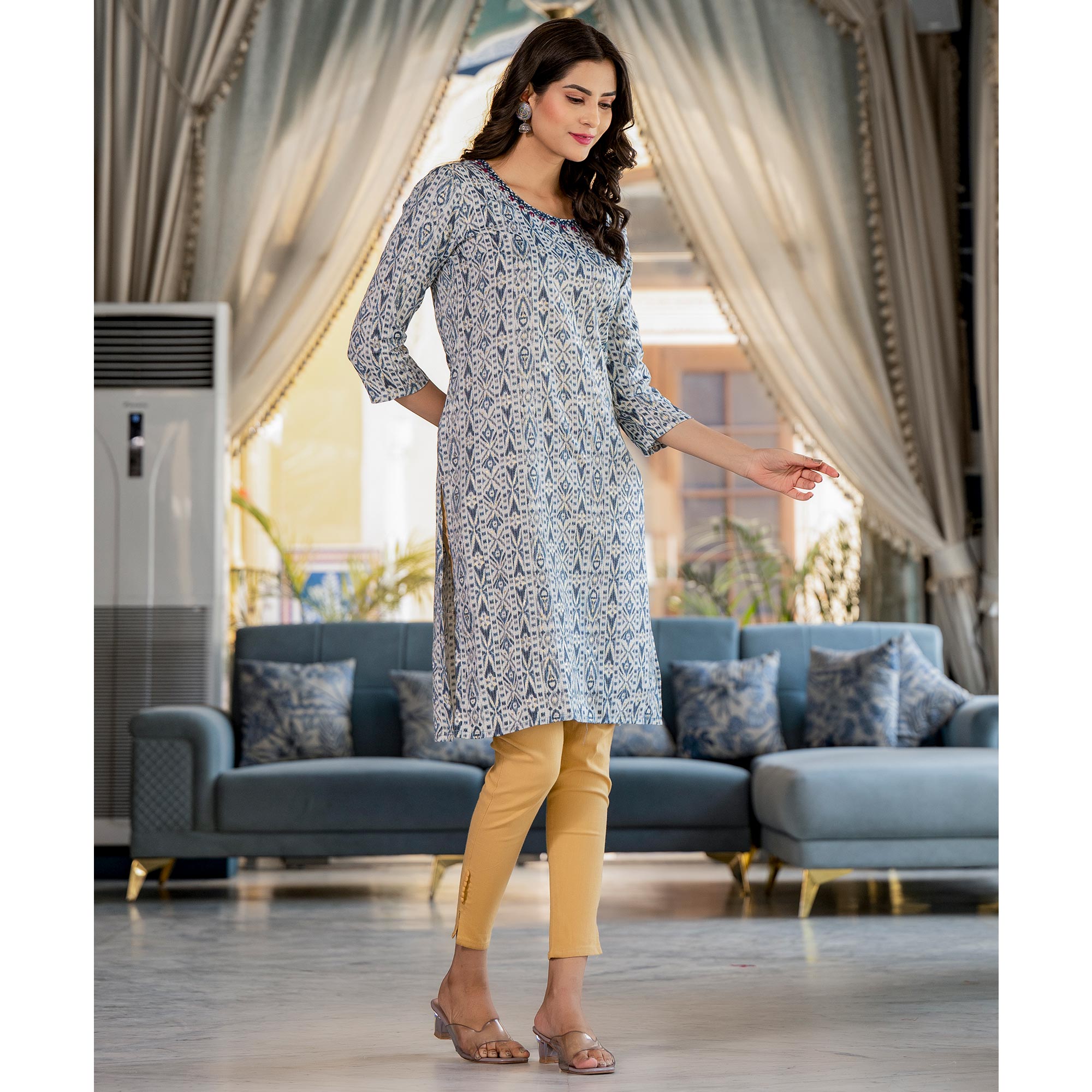 White & Blue Printed Rayon Straight Kurti