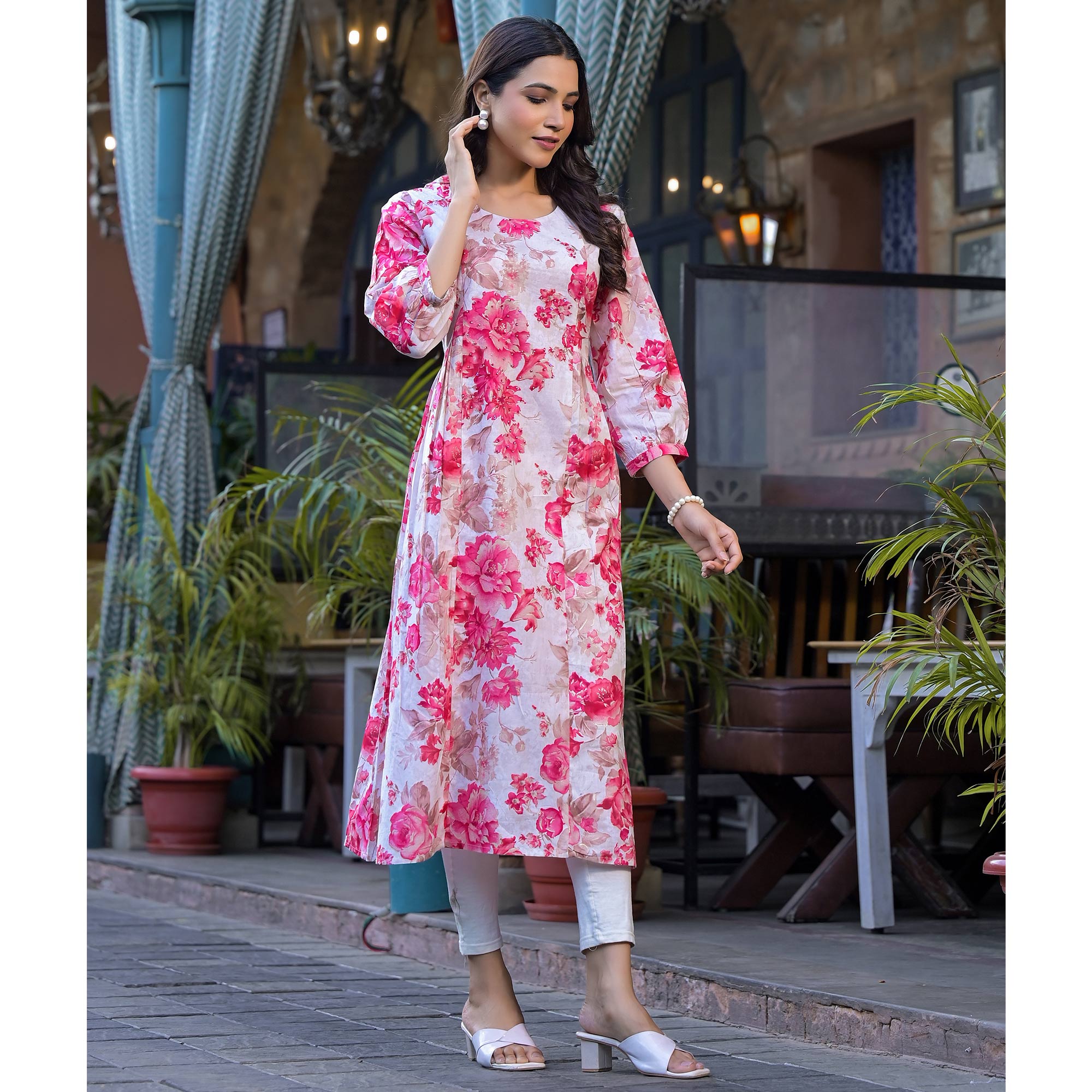 Pink Floral Printed With Beads Work Pure Cotton Maxi Dress