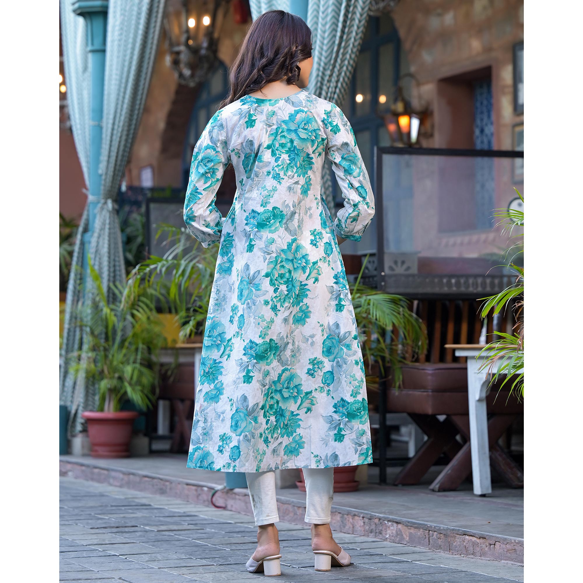 Turquoise Floral Printed With Beads Work Pure Cotton Maxi Dress