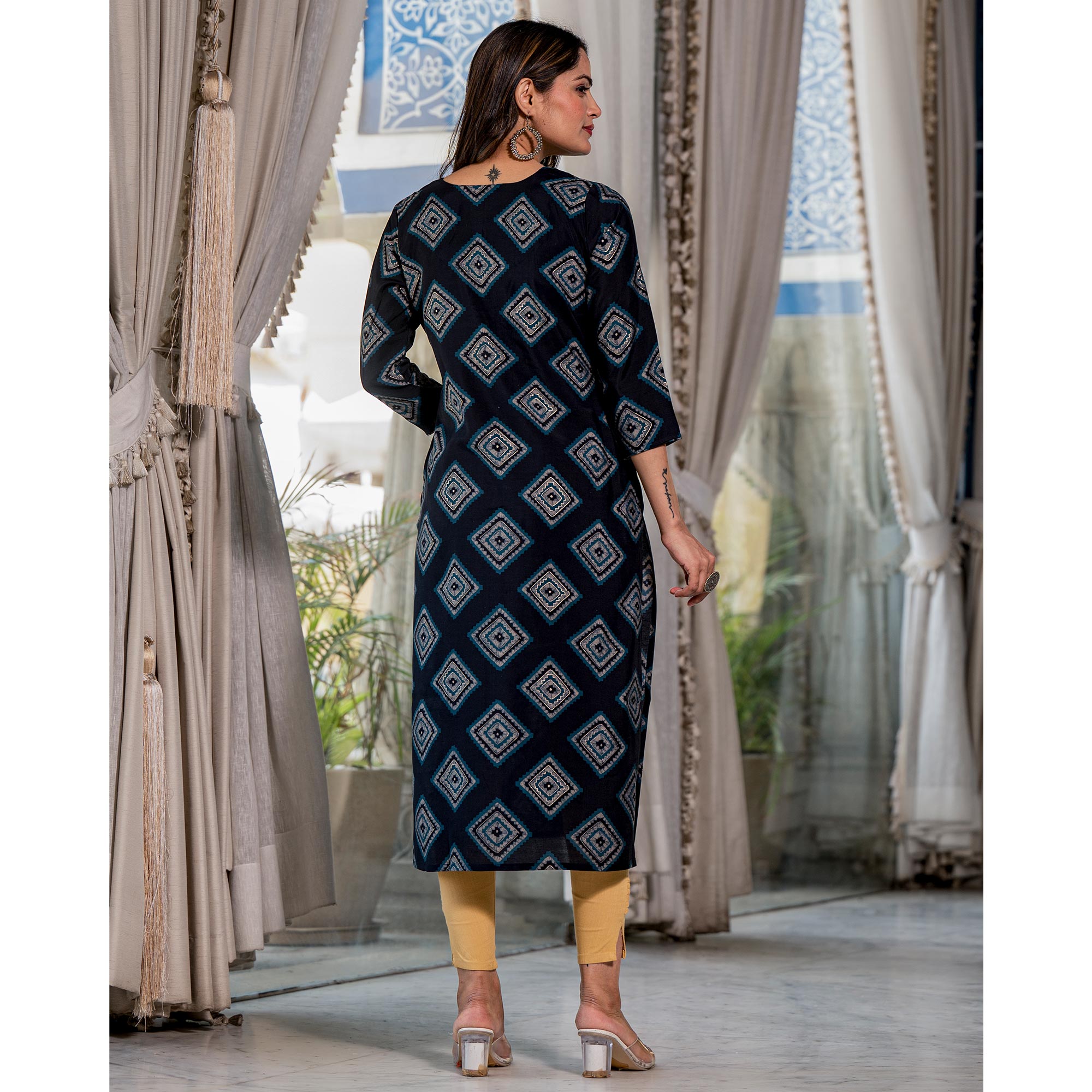 Navy Blue Foil Printed Chanderi Silk Kurti