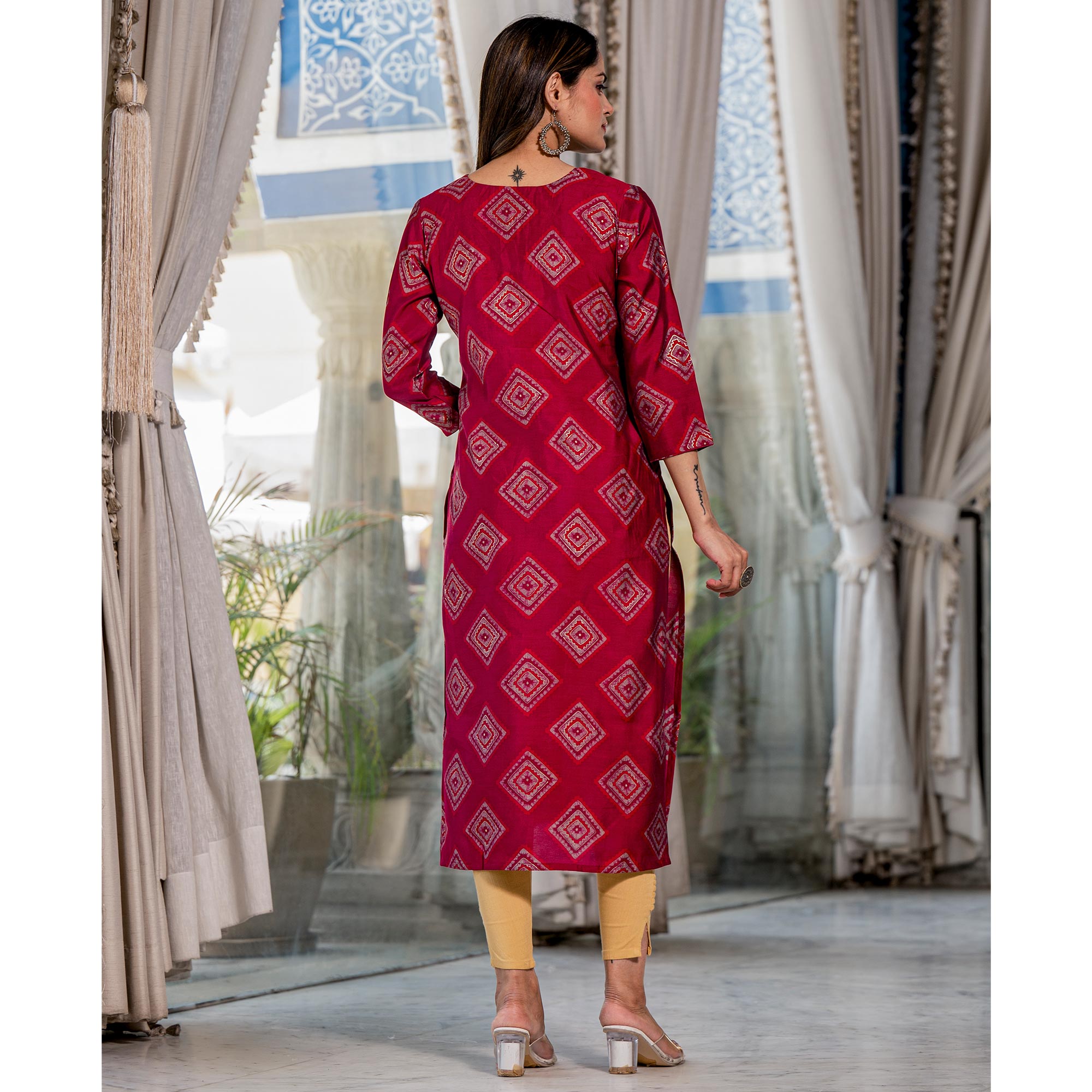 Pink Foil Printed Chanderi Silk Kurti