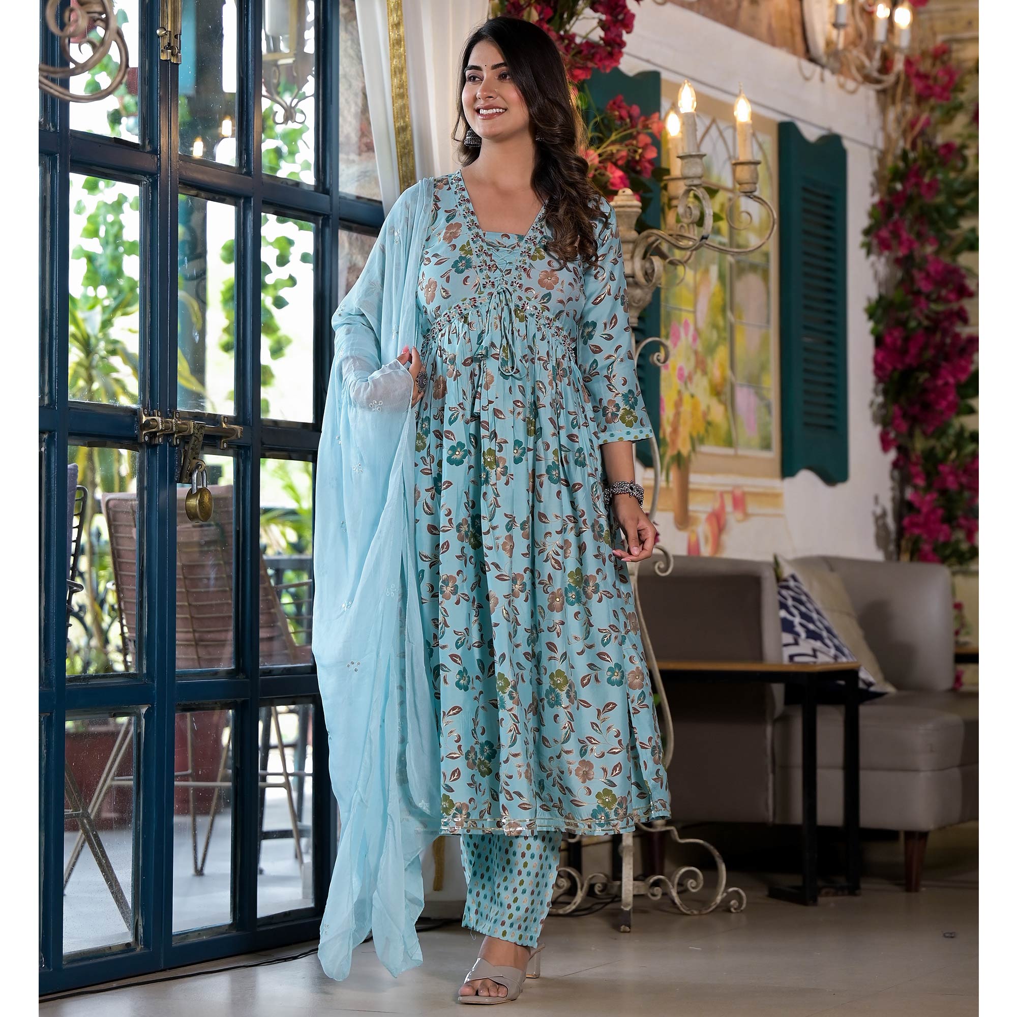 Turquoise Floral Alia Cut Chanderi Silk Salwar Suit With Zardosi Work