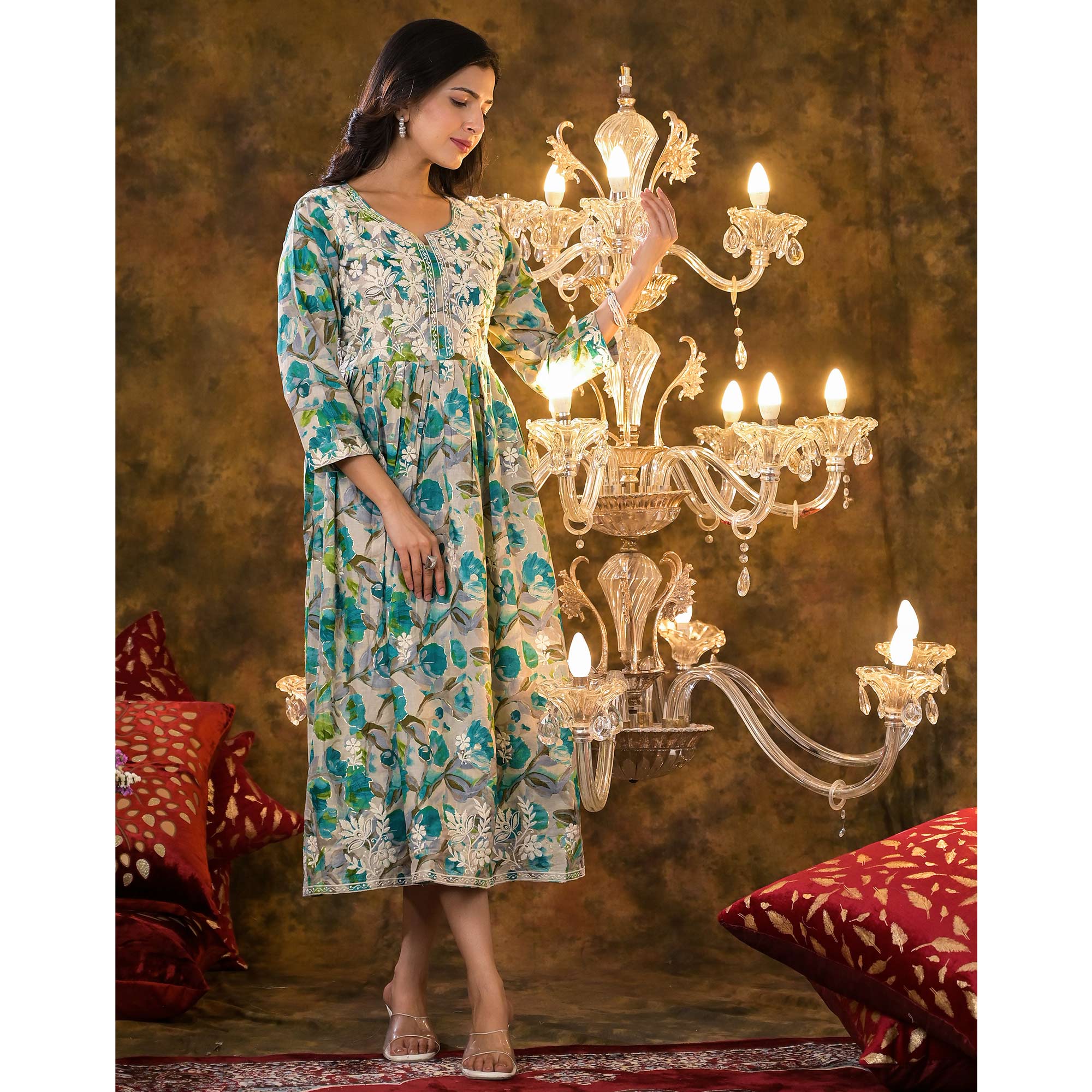 Turquoise Floral Printed Naira Cut Cambric Cotton Kurti