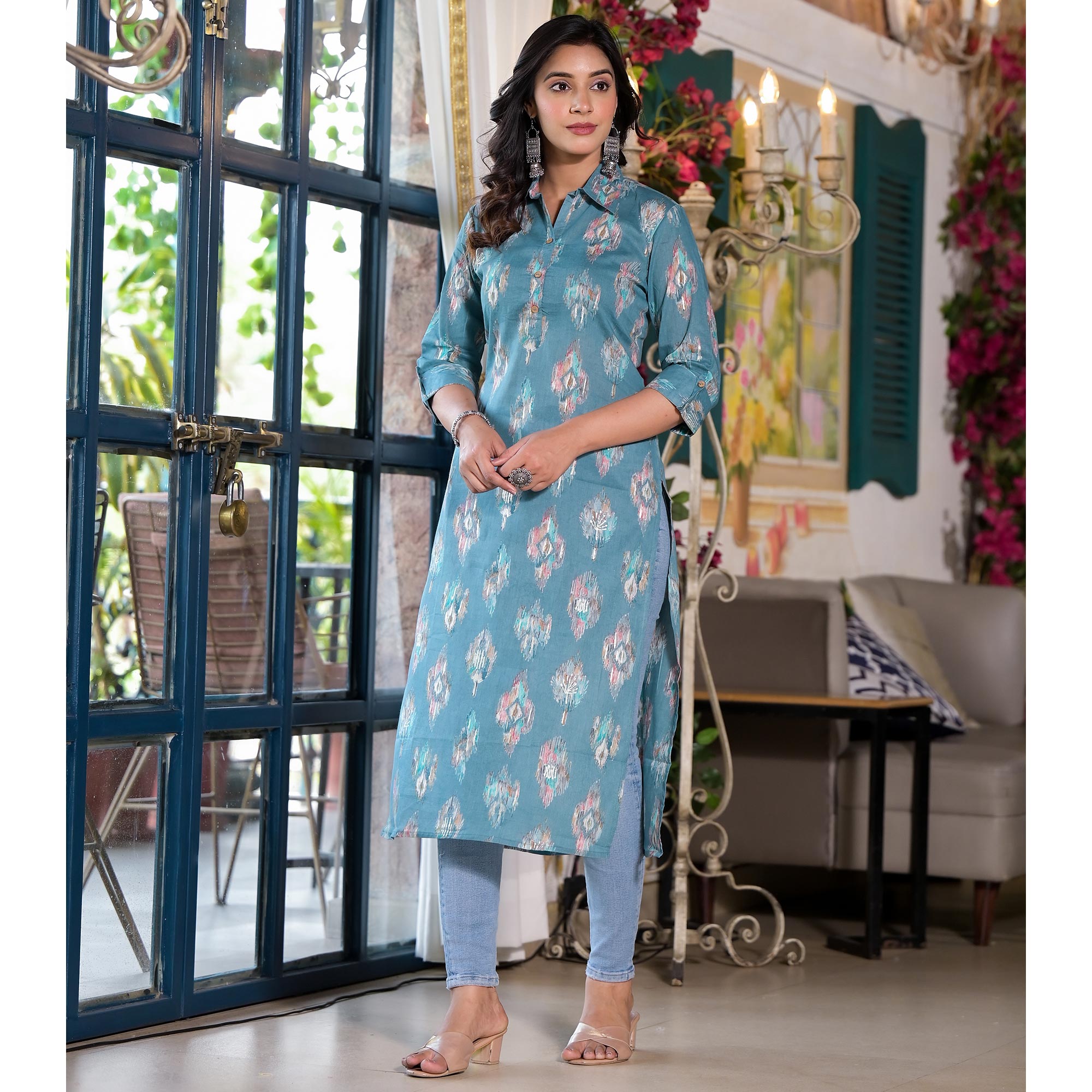 Dark Turquoise Ikkat Foil Printed Pure Cotton Straight Kurti